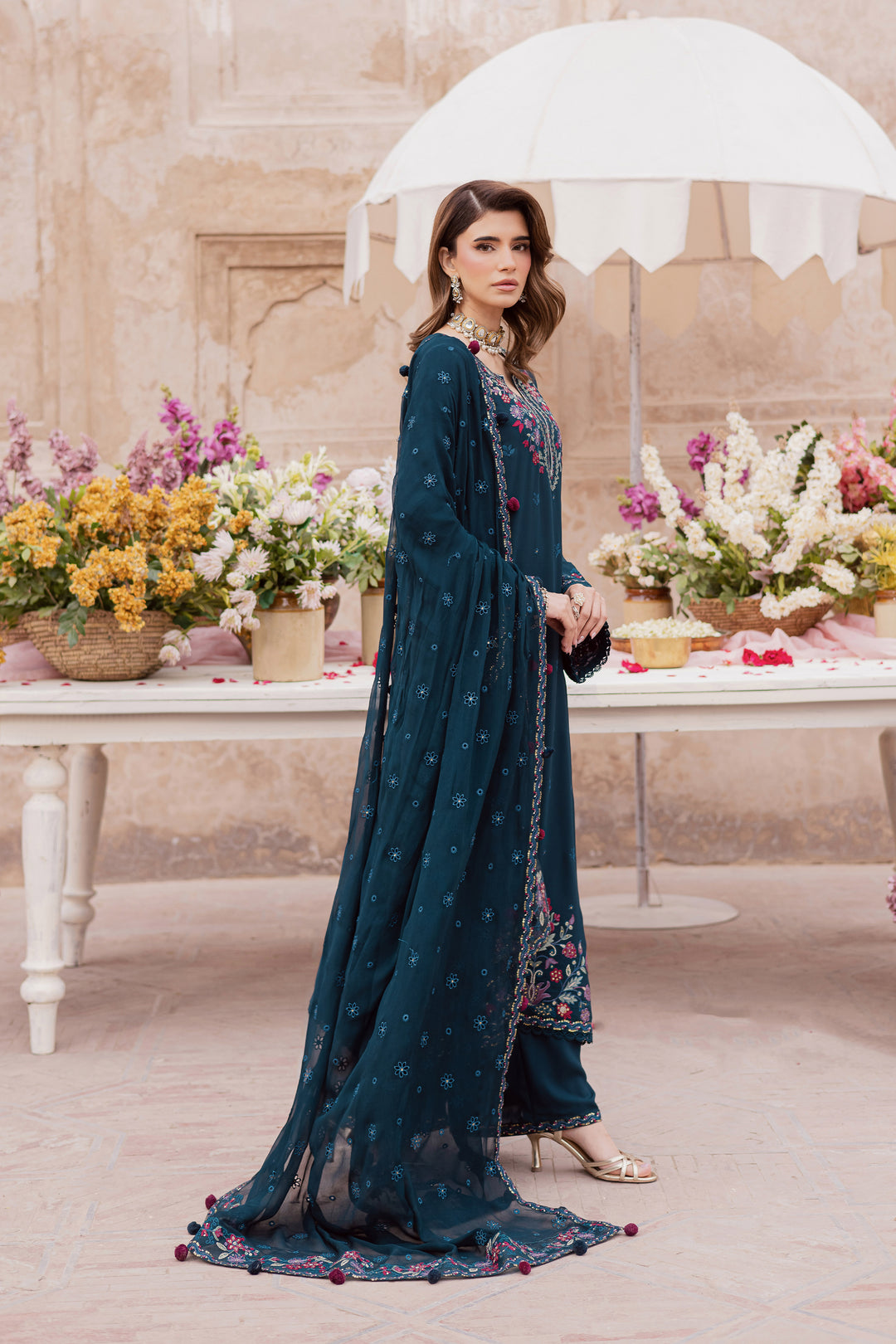  Elodia 3Pc - Festive Luxe Pret BATIKSTUDIO2025  BATIK   S / Teal / Georgette-M / Teal / Georgette-L / Teal / Georgette