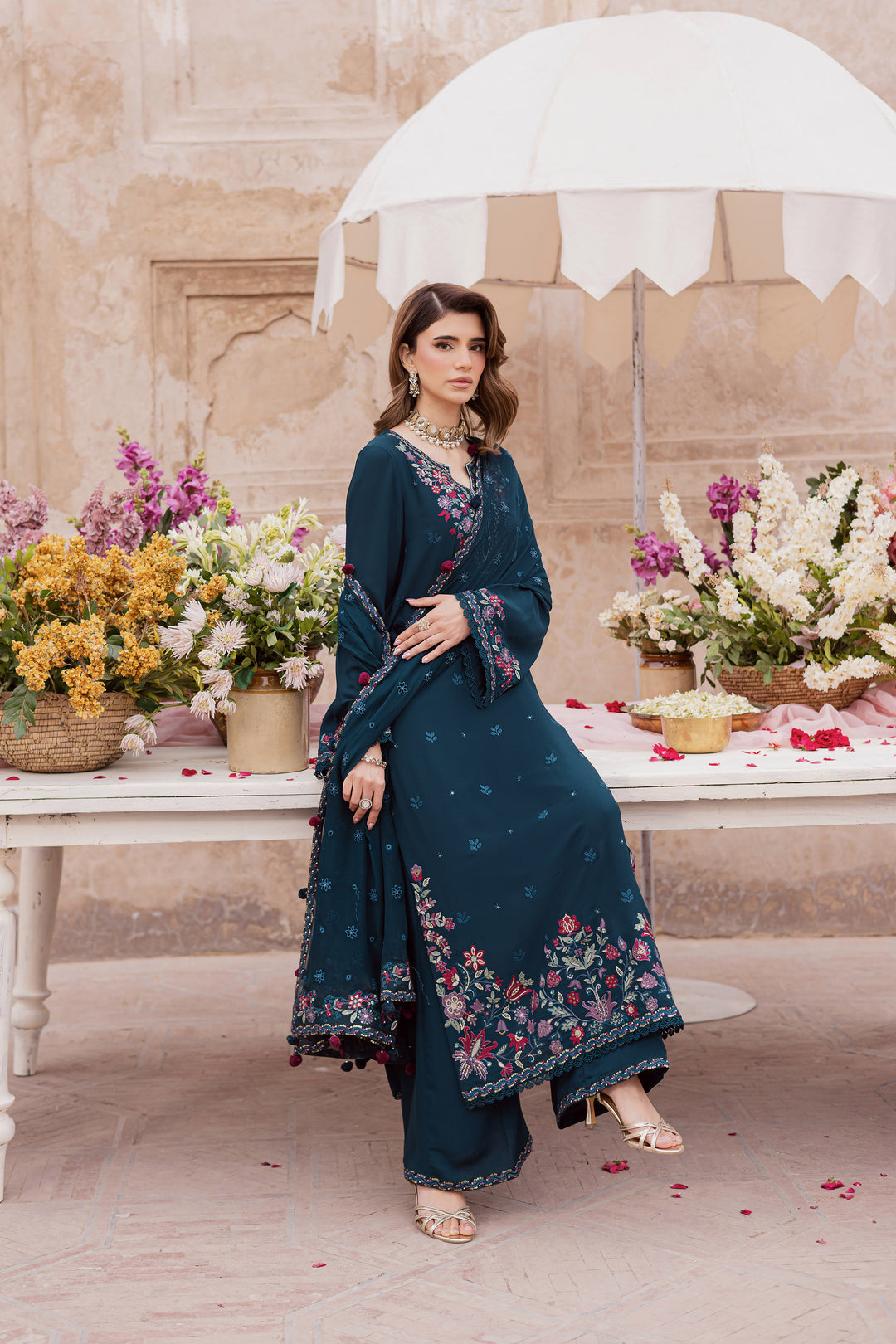  Elodia 3Pc - Festive Luxe Pret BATIKSTUDIO2025  BATIK   S / Teal / Georgette-M / Teal / Georgette-L / Teal / Georgette