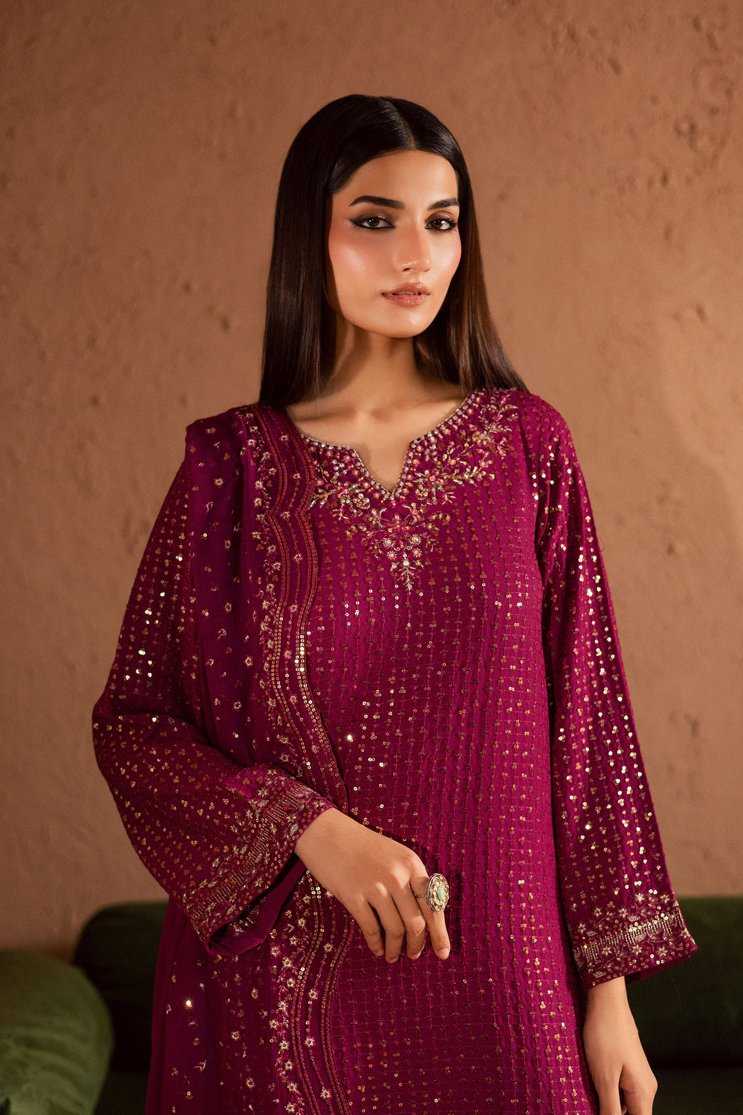  Elva 3Pc- Festive Luxe Pret BATIKSTUDIO2025  BATIK   S / Magenta / Georgette-M / Magenta / Georgette-L / Magenta / Georgette