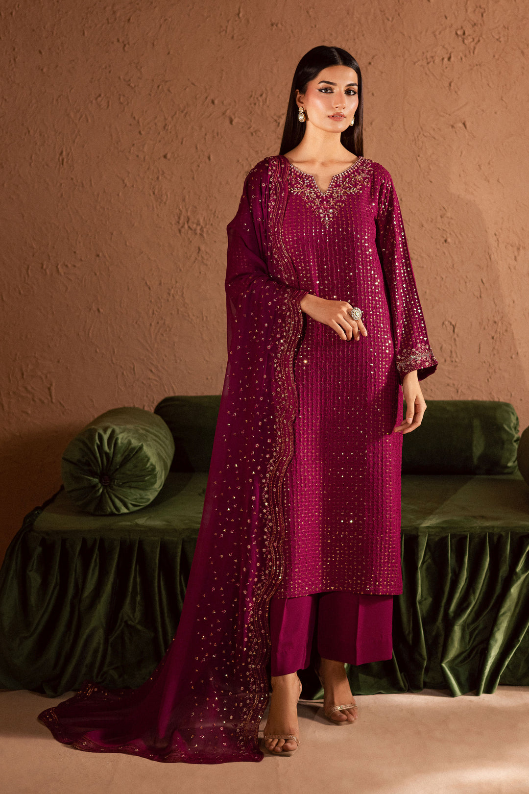  Elva 3Pc- Festive Luxe Pret BATIKSTUDIO2025  BATIK   S / Magenta / Georgette-M / Magenta / Georgette-L / Magenta / Georgette