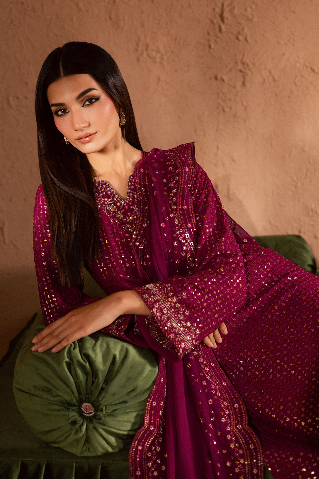  Elva 3Pc- Festive Luxe Pret BATIKSTUDIO2025  BATIK   S / Magenta / Georgette-M / Magenta / Georgette-L / Magenta / Georgette