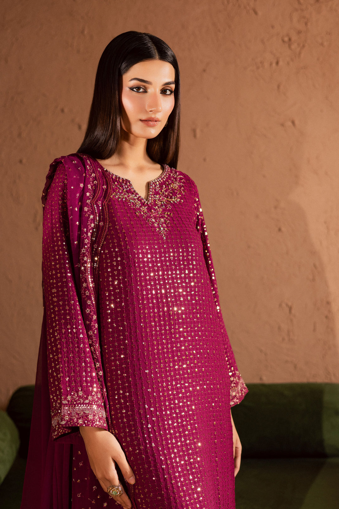  Elva 3Pc- Festive Luxe Pret BATIKSTUDIO2025  BATIK   S / Magenta / Georgette-M / Magenta / Georgette-L / Magenta / Georgette