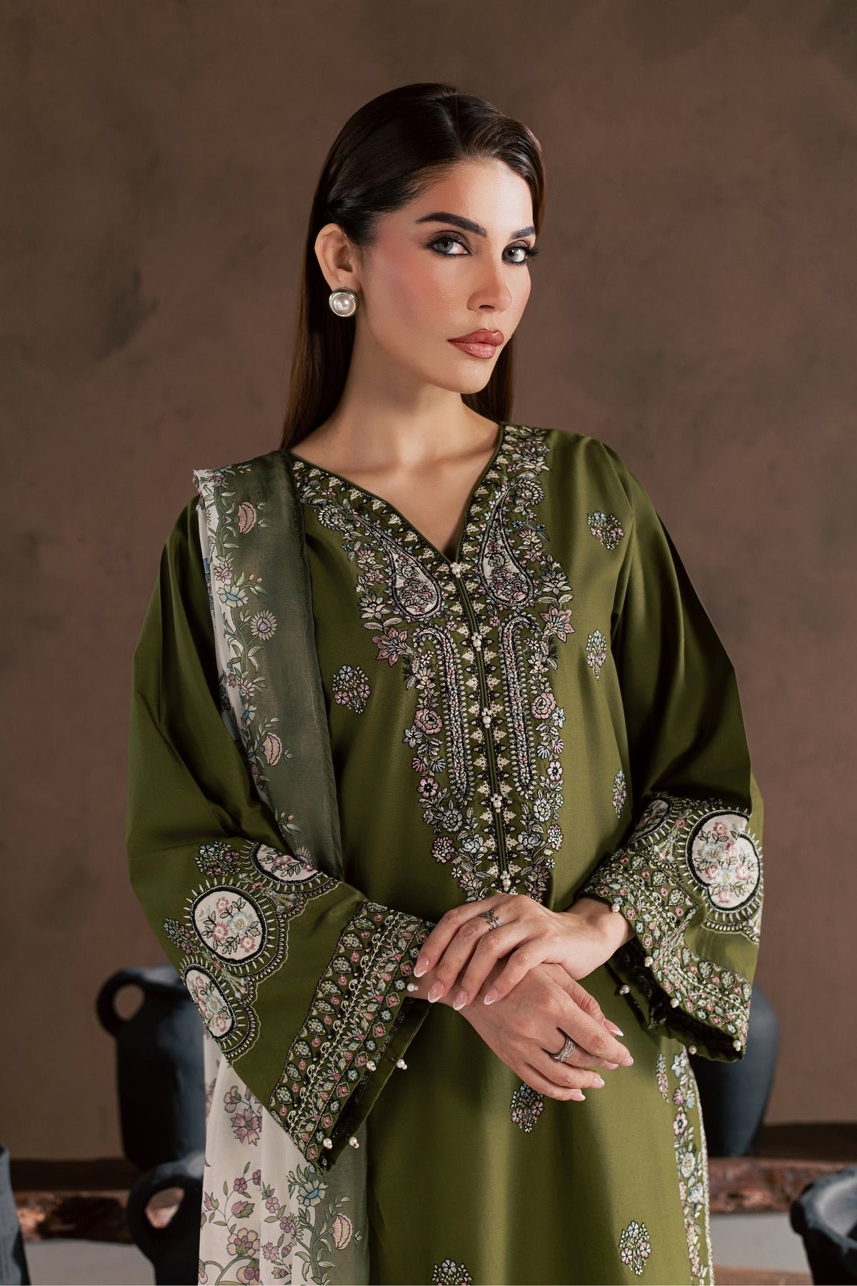 Emamah 3Pc - Embroidered Cambric Pret PRETAW2026  BATIK   XS / Army Green / Cambric