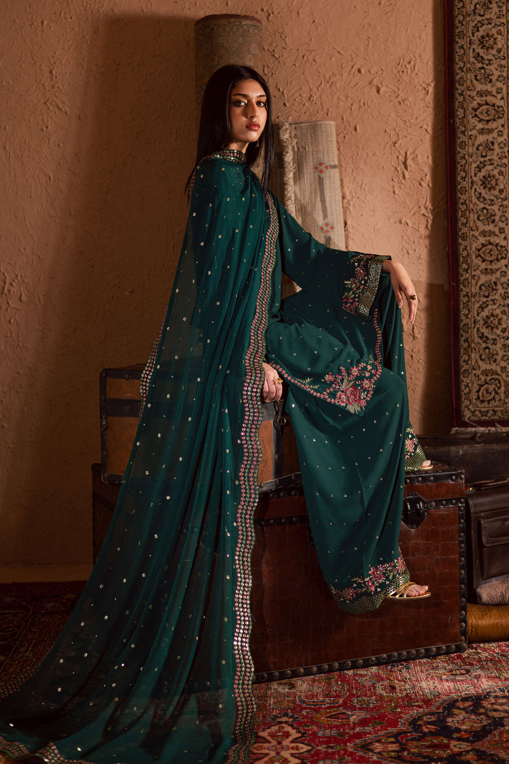  Esmer 3Pc- Festive Luxe Pret BATIKSTUDIO2025  BATIK   S / Forest Green / Georgette-M / Forest Green / Georgette-L / Forest Green / Georgette