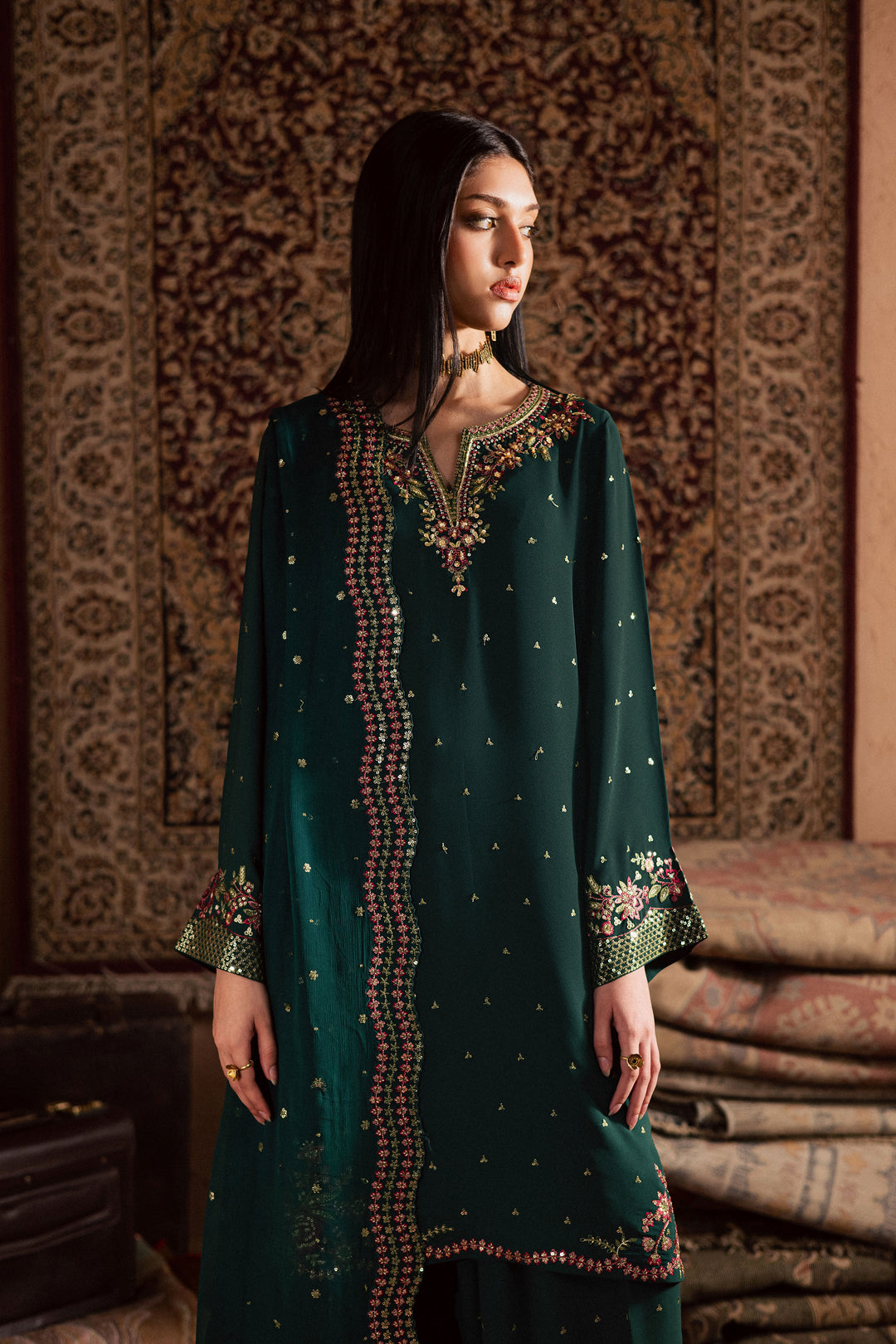  Esmer 3Pc- Festive Luxe Pret BATIKSTUDIO2025  BATIK   S / Forest Green / Georgette-M / Forest Green / Georgette-L / Forest Green / Georgette