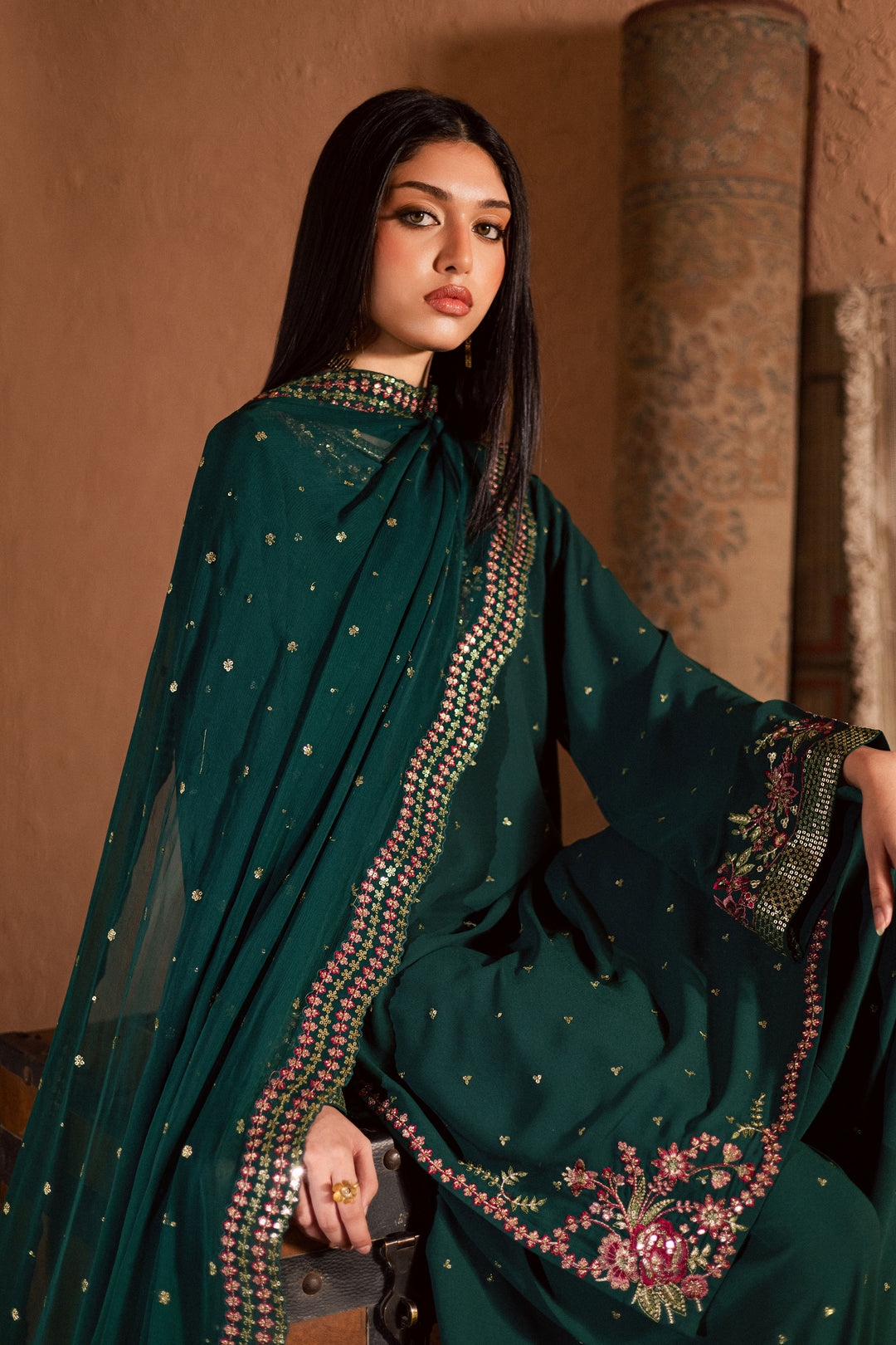  Esmer 3Pc- Festive Luxe Pret BATIKSTUDIO2025  BATIK   S / Forest Green / Georgette-M / Forest Green / Georgette-L / Forest Green / Georgette