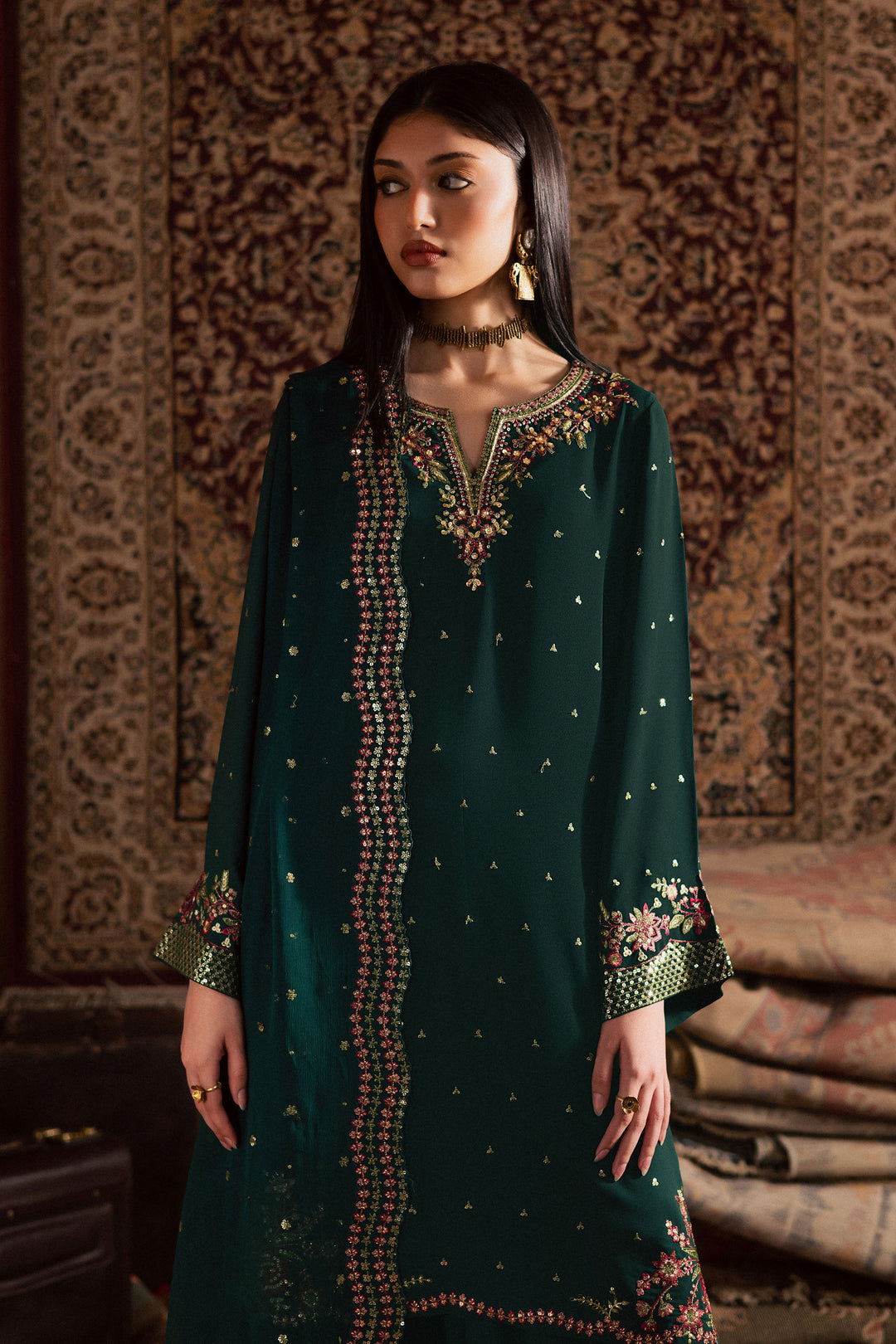  Esmer 3Pc- Festive Luxe Pret BATIKSTUDIO2025  BATIK   S / Forest Green / Georgette-M / Forest Green / Georgette-L / Forest Green / Georgette
