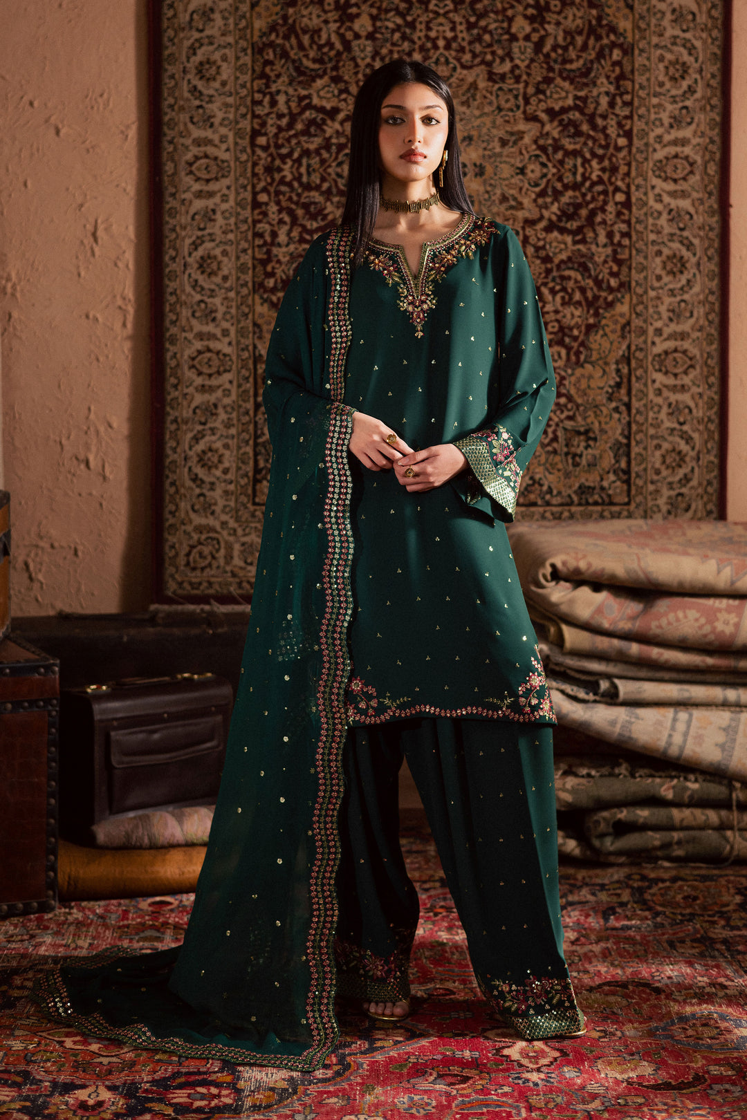  Esmer 3Pc- Festive Luxe Pret BATIKSTUDIO2025  BATIK   S / Forest Green / Georgette-M / Forest Green / Georgette-L / Forest Green / Georgette