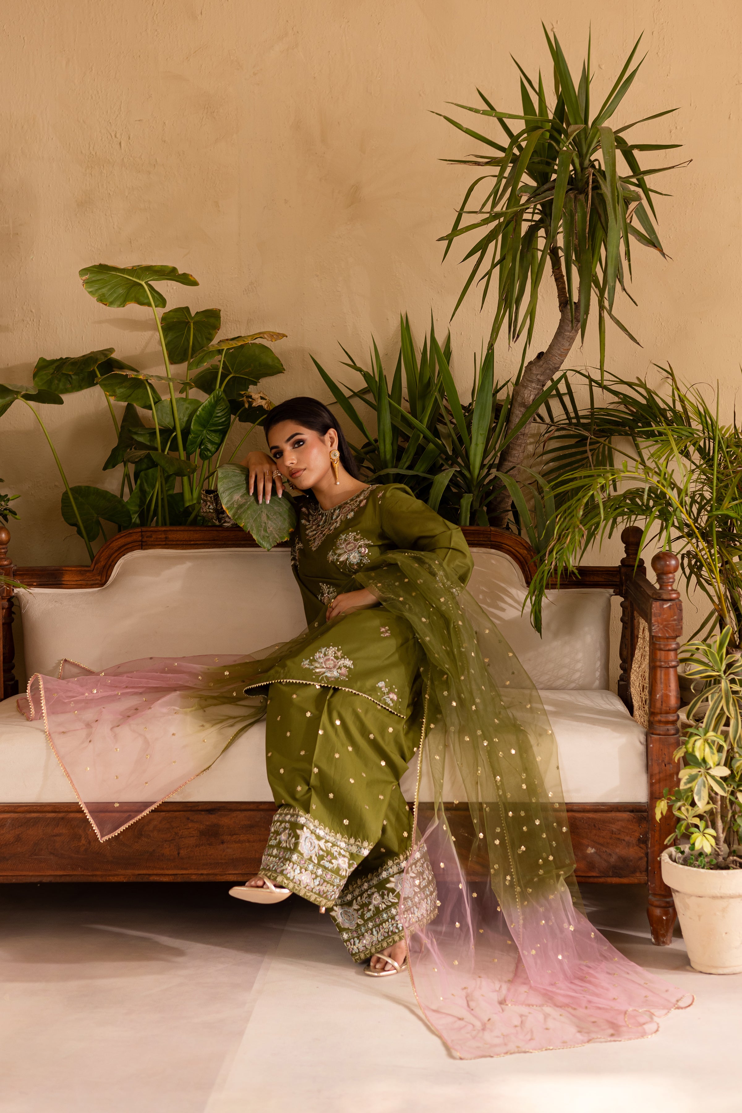 Farshi Green 3Pc - Embroidered Solid Dress