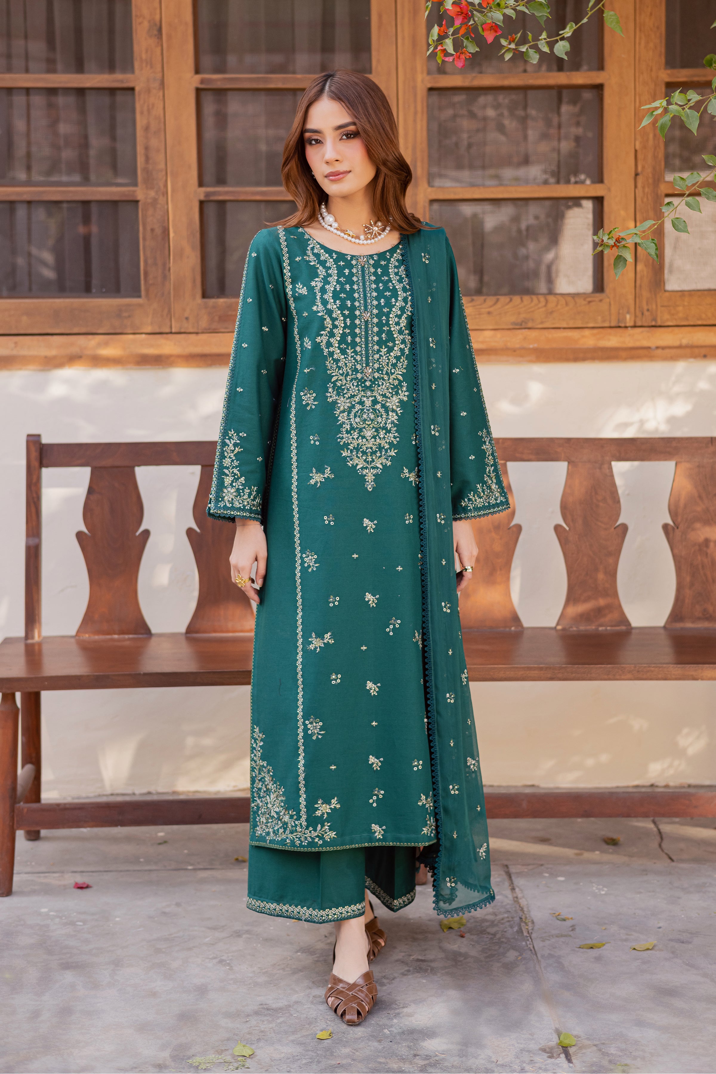 batik embroidered dress Berry Blue 3Pc main image 1