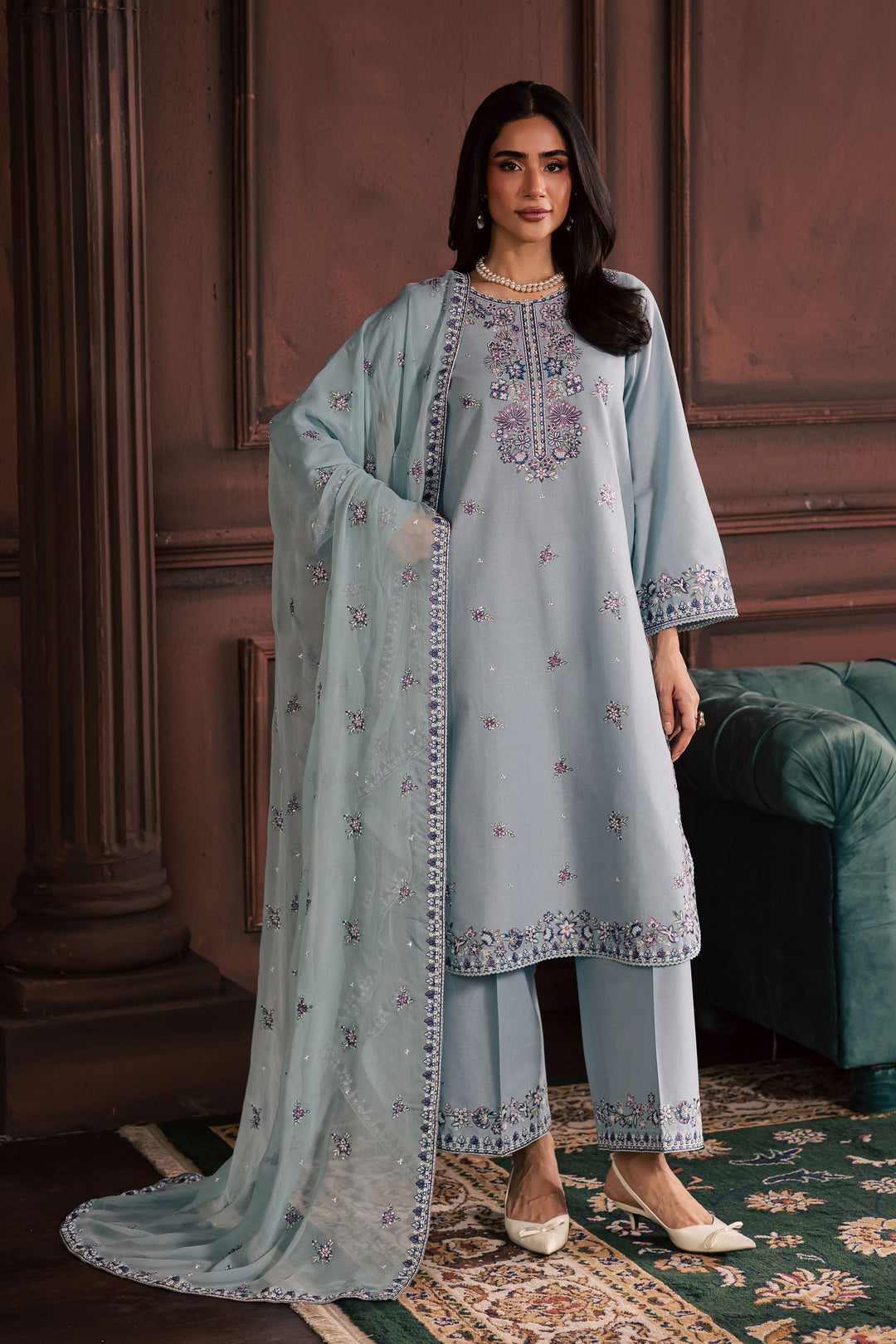 Azure Charm  3Pc - Embroidered Khaddar Dress
