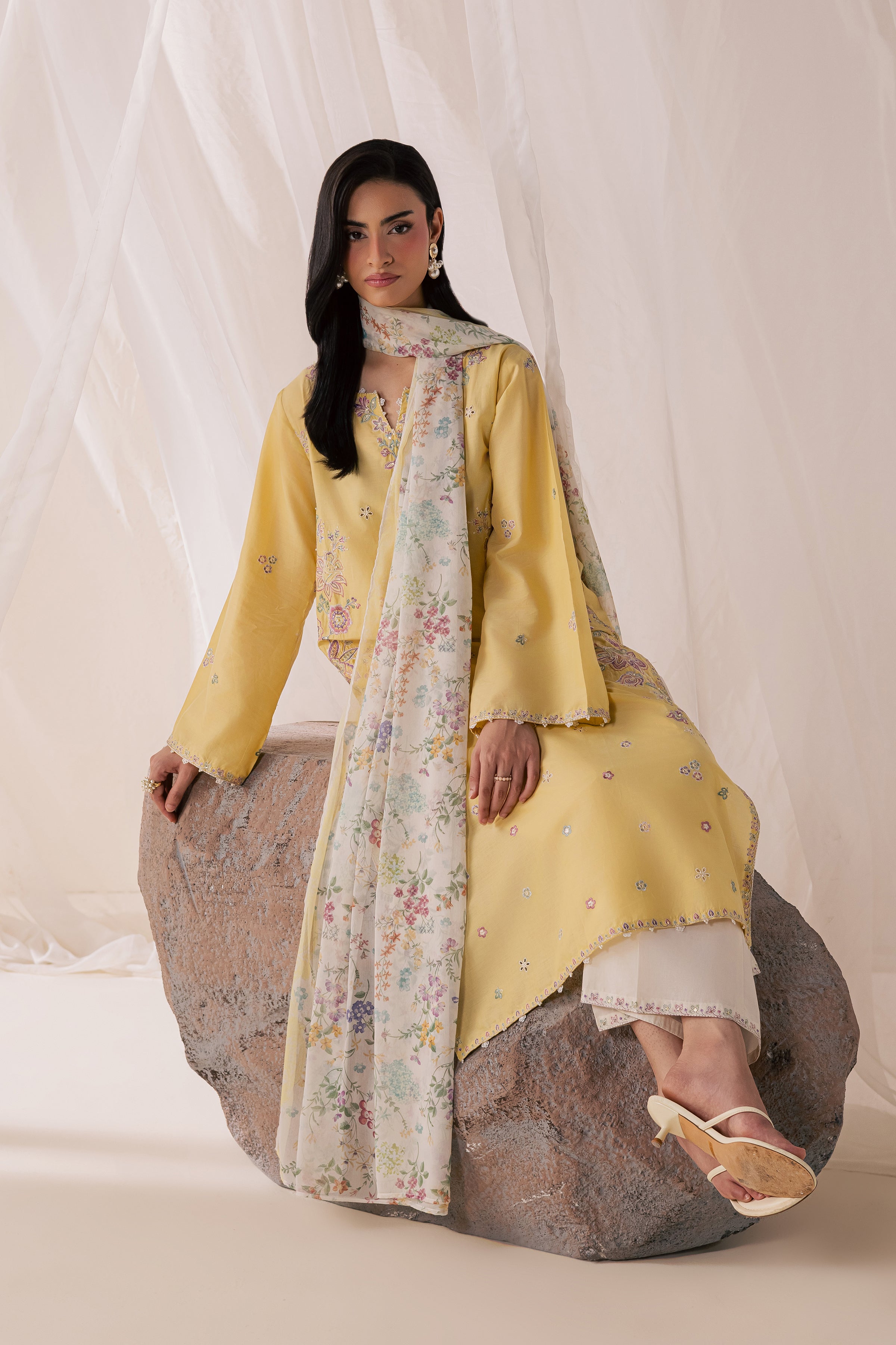 Florellow 3Pc - Luxury Embroidered Lawn BATIKSS26  BATIK   XS / Ocher / Pima Lawn