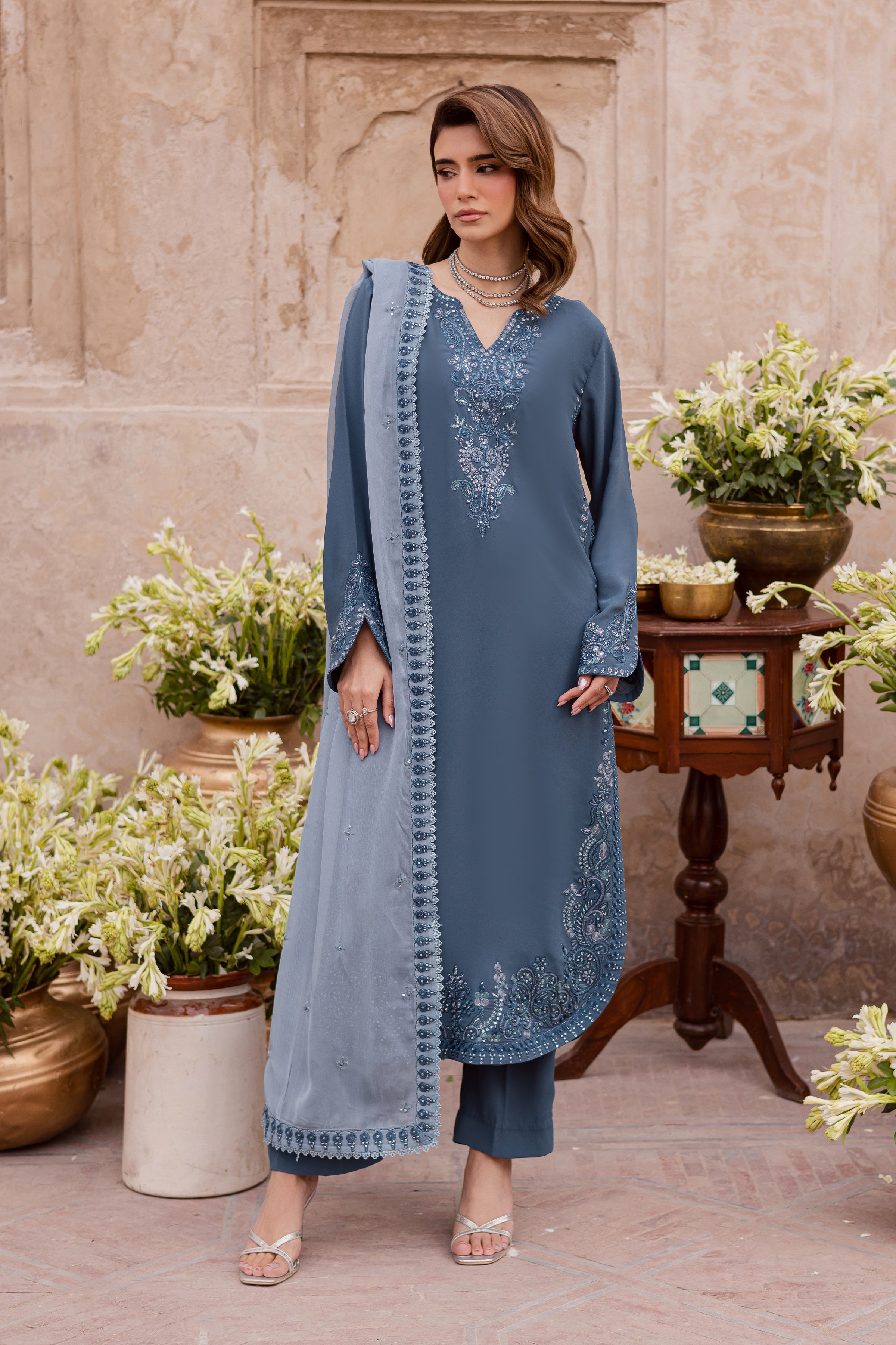  Florina 3Pc - Festive Luxe Pret BATIKSTUDIO2025  BATIK   S / Teal Grey / Georgette-M / Teal Grey / Georgette-L / Teal Grey / Georgette