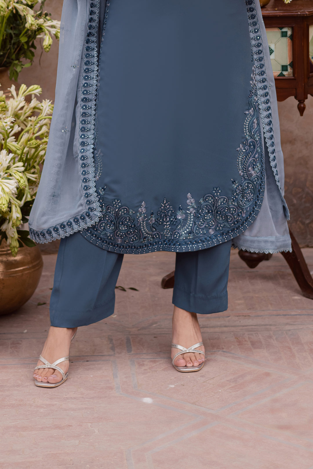  Florina 3Pc - Festive Luxe Pret BATIKSTUDIO2025  BATIK   S / Teal Grey / Georgette-M / Teal Grey / Georgette-L / Teal Grey / Georgette