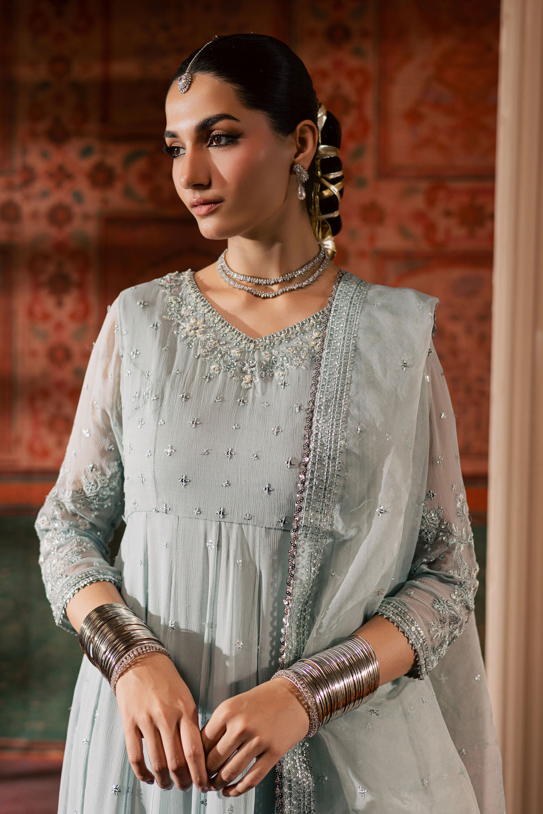  Frozen  3Pc - Chiffon Wedding Frock BATIKLuxePRET2025  BATIK   S / Ice Blue / Chiffon & Raw Silk-M / Ice Blue / Chiffon & Raw Silk-L / Ice Blue / Chiffon & Raw Silk