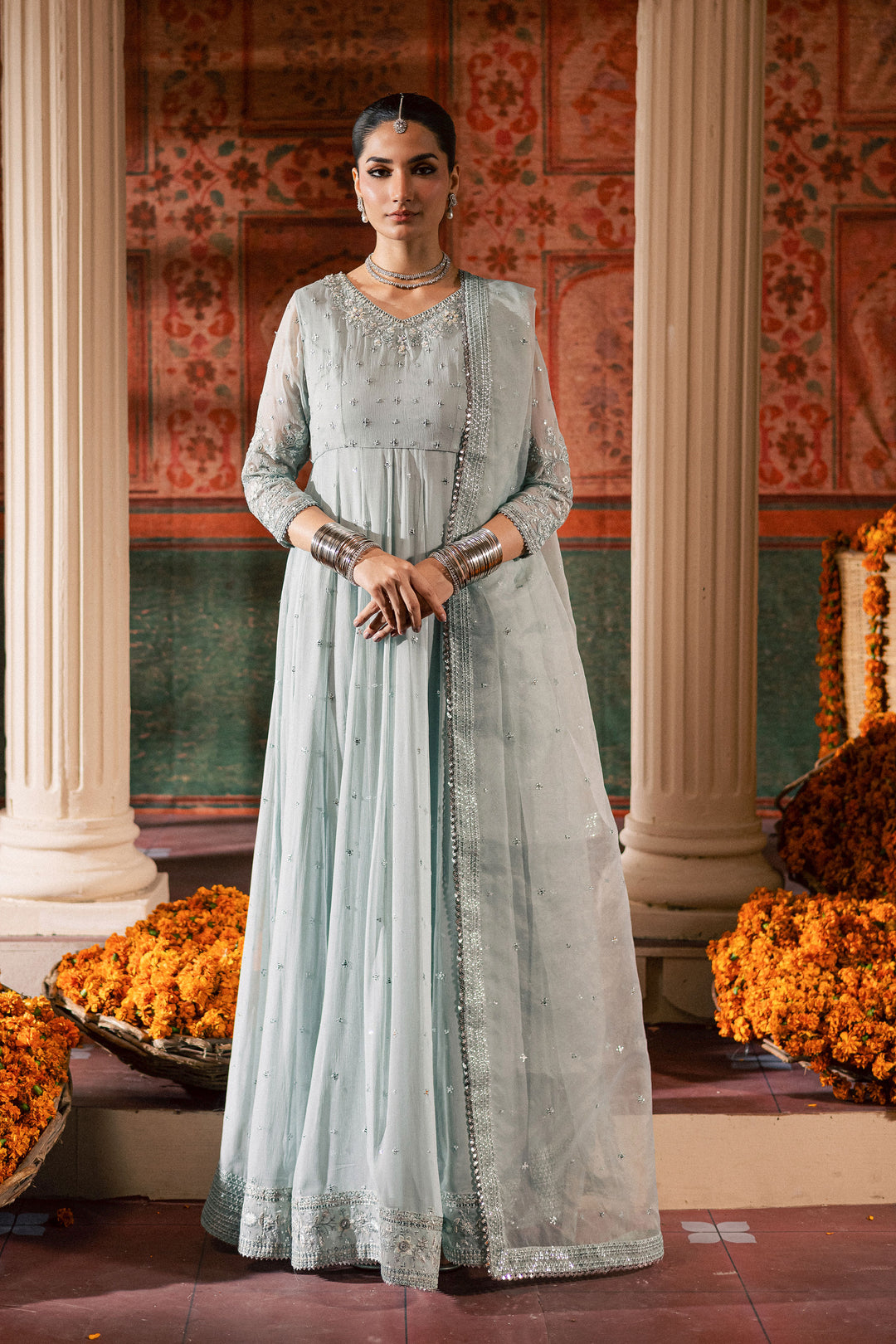  Frozen  3Pc - Chiffon Wedding Frock BATIKLuxePRET2025  BATIK   S / Ice Blue / Chiffon & Raw Silk-M / Ice Blue / Chiffon & Raw Silk-L / Ice Blue / Chiffon & Raw Silk