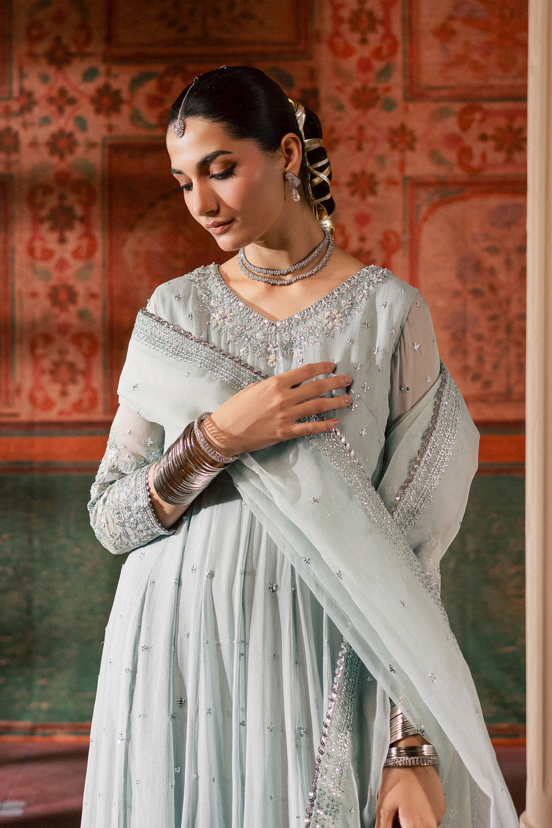  Frozen  3Pc - Chiffon Wedding Frock BATIKLuxePRET2025  BATIK   S / Ice Blue / Chiffon & Raw Silk-M / Ice Blue / Chiffon & Raw Silk-L / Ice Blue / Chiffon & Raw Silk