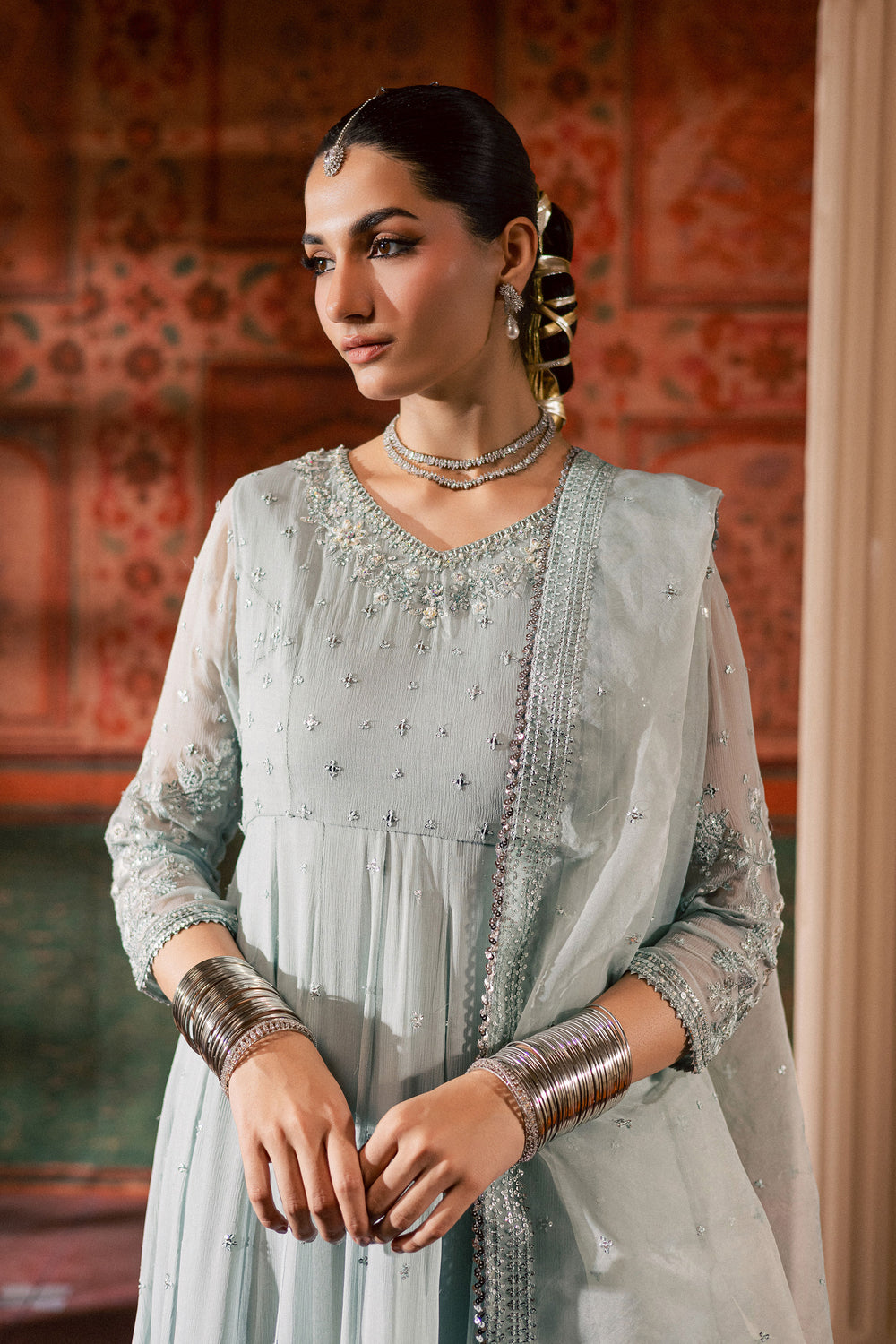  Frozen  3Pc - Chiffon Wedding Frock BATIKLuxePRET2025  BATIK   S / Ice Blue / Chiffon & Raw Silk-M / Ice Blue / Chiffon & Raw Silk-L / Ice Blue / Chiffon & Raw Silk