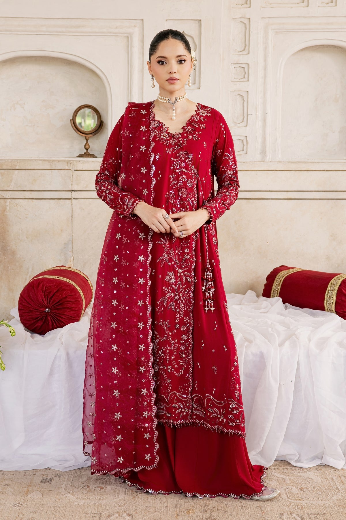 Ghazal e Bahar 3Pc - Wedding Formal Dress STUDIOLUXEOCT26  BATIK   S / Deep Red / Georgette