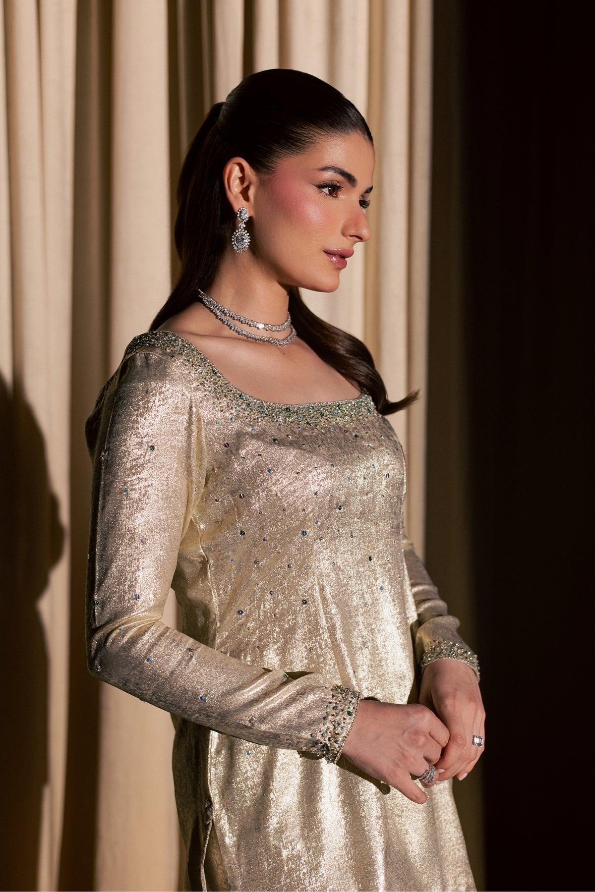 Gold Pearly 2Pc - Festive Luxe Pret STUDIOLUXEAUG26  BATIK   S / Golden / Elara Silk