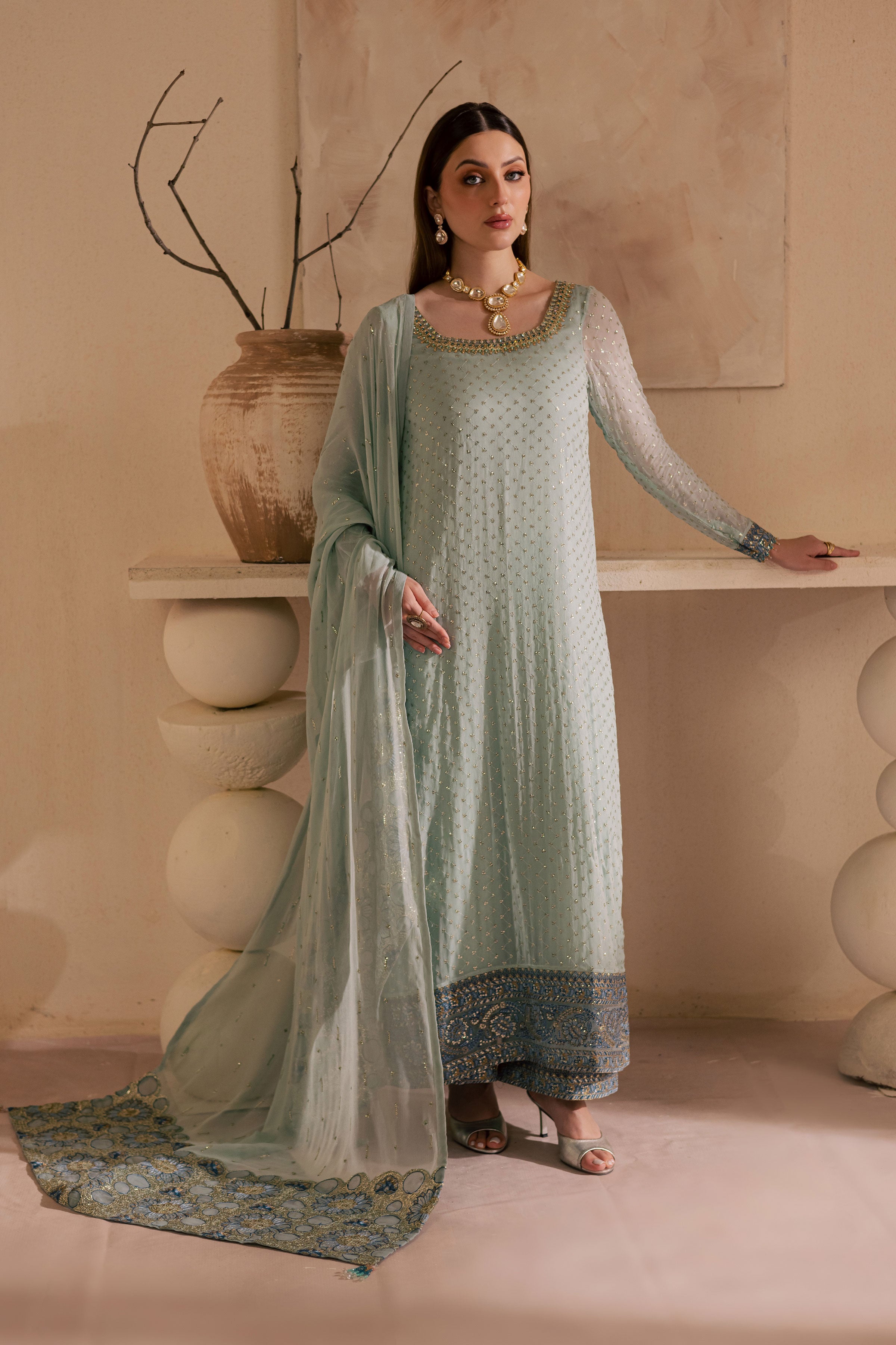  Gulzar 3Pc - Embroidered Luxe Pret BATIKLuxePRET2025  BATIK   XS / Sea Blue / Chiffon & Raw Silk-S / Sea Blue / Chiffon & Raw Silk-M / Sea Blue / Chiffon & Raw Silk-L / Sea Blue / Chiffon & Raw Silk-XL / Sea Blue / Chiffon & Raw Silk