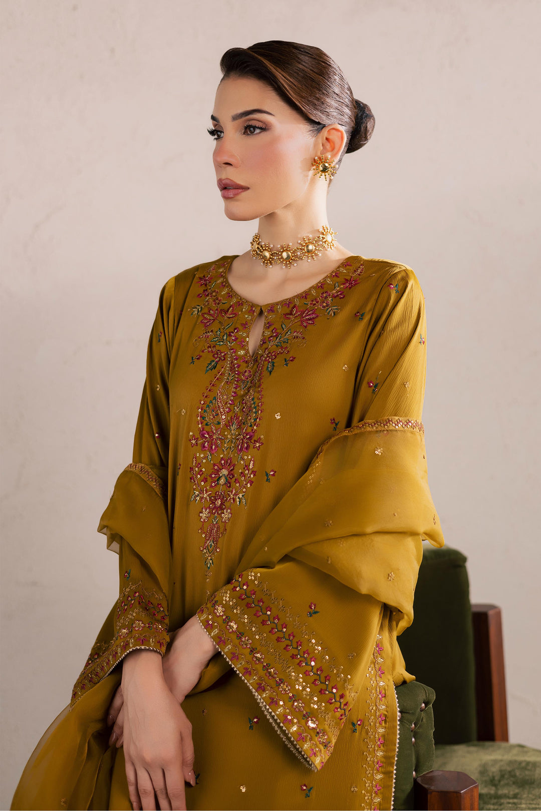  Hera 3Pc - Festive Luxury Formal BATIKEID2026  BATIK   S / Mehndi Green / Georgette-M / Mehndi Green / Georgette-L / Mehndi Green / Georgette