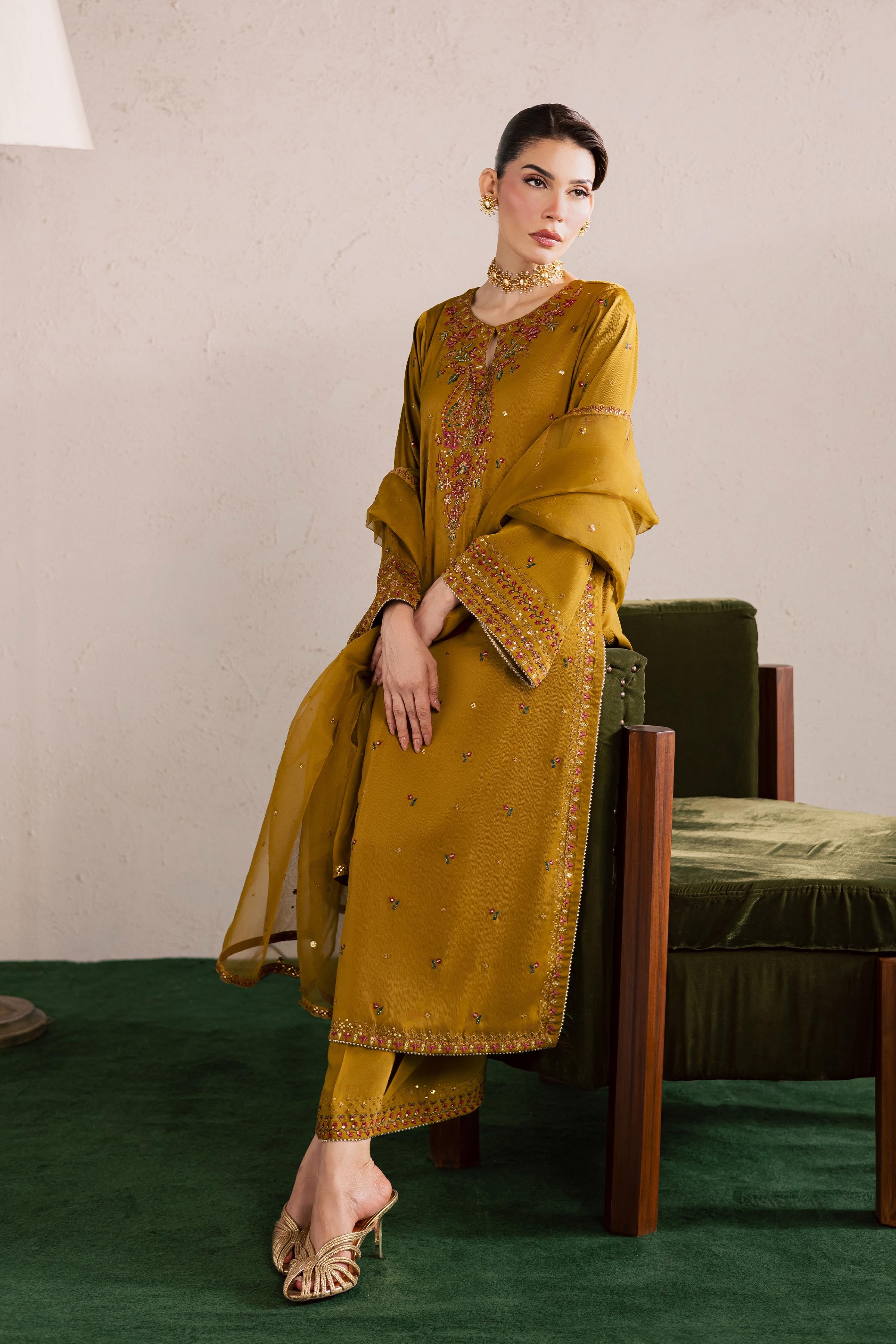  Hera 3Pc - Festive Luxury Formal BATIKEID2026  BATIK   S / Mehndi Green / Georgette-M / Mehndi Green / Georgette-L / Mehndi Green / Georgette