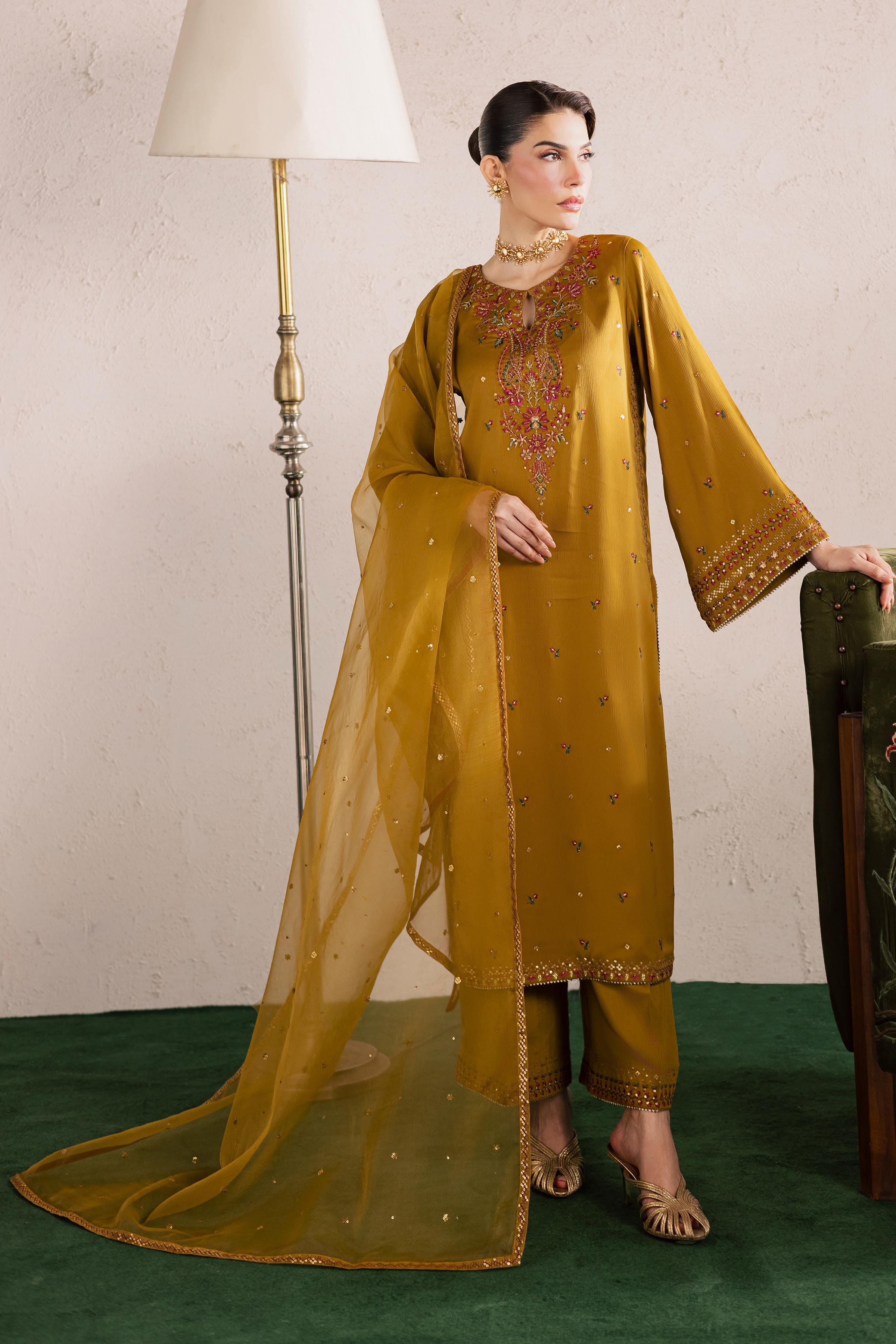  Hera 3Pc - Festive Luxury Formal BATIKEID2026  BATIK   S / Mehndi Green / Georgette-M / Mehndi Green / Georgette-L / Mehndi Green / Georgette