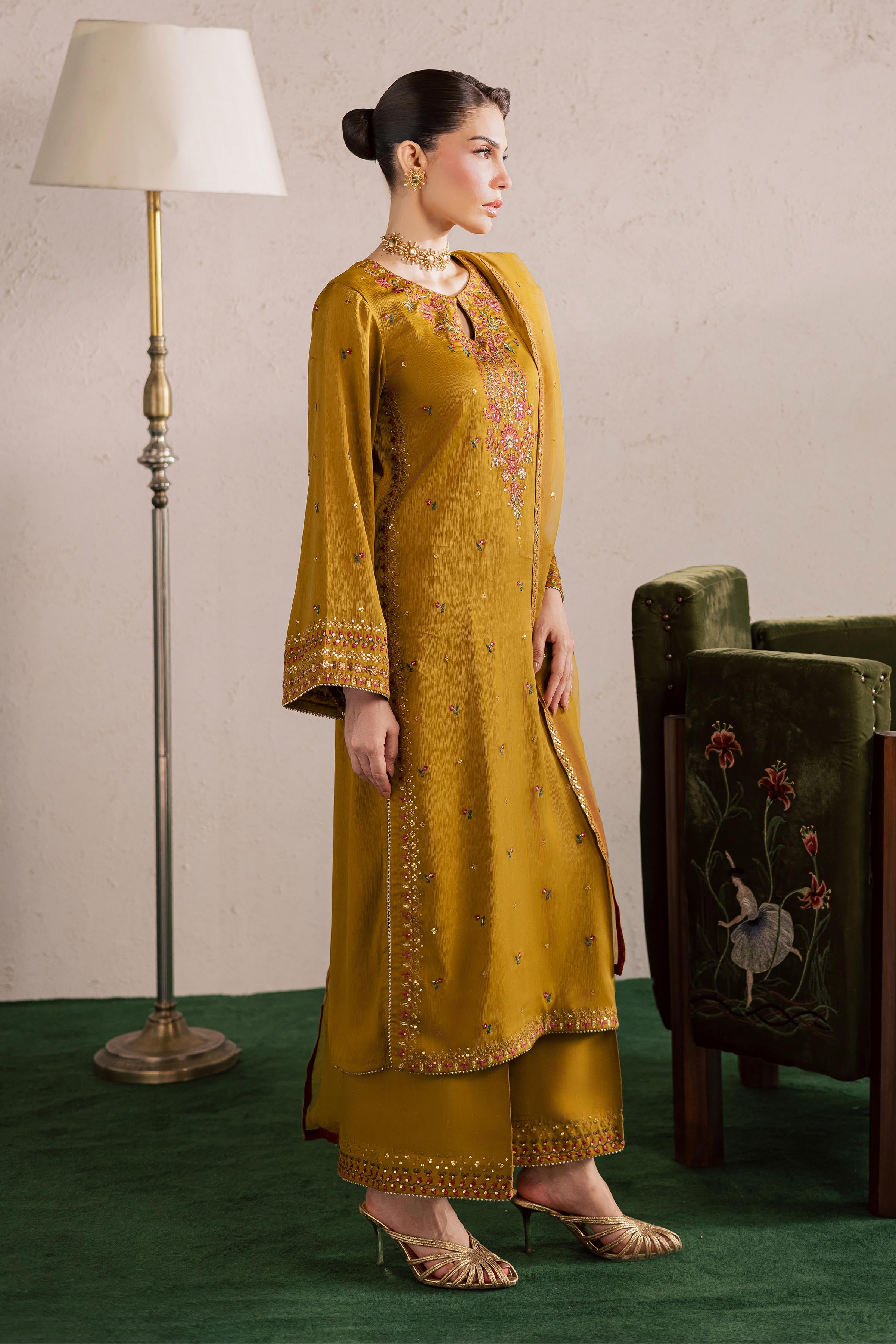  Hera 3Pc - Festive Luxury Formal BATIKEID2026  BATIK   S / Mehndi Green / Georgette-M / Mehndi Green / Georgette-L / Mehndi Green / Georgette
