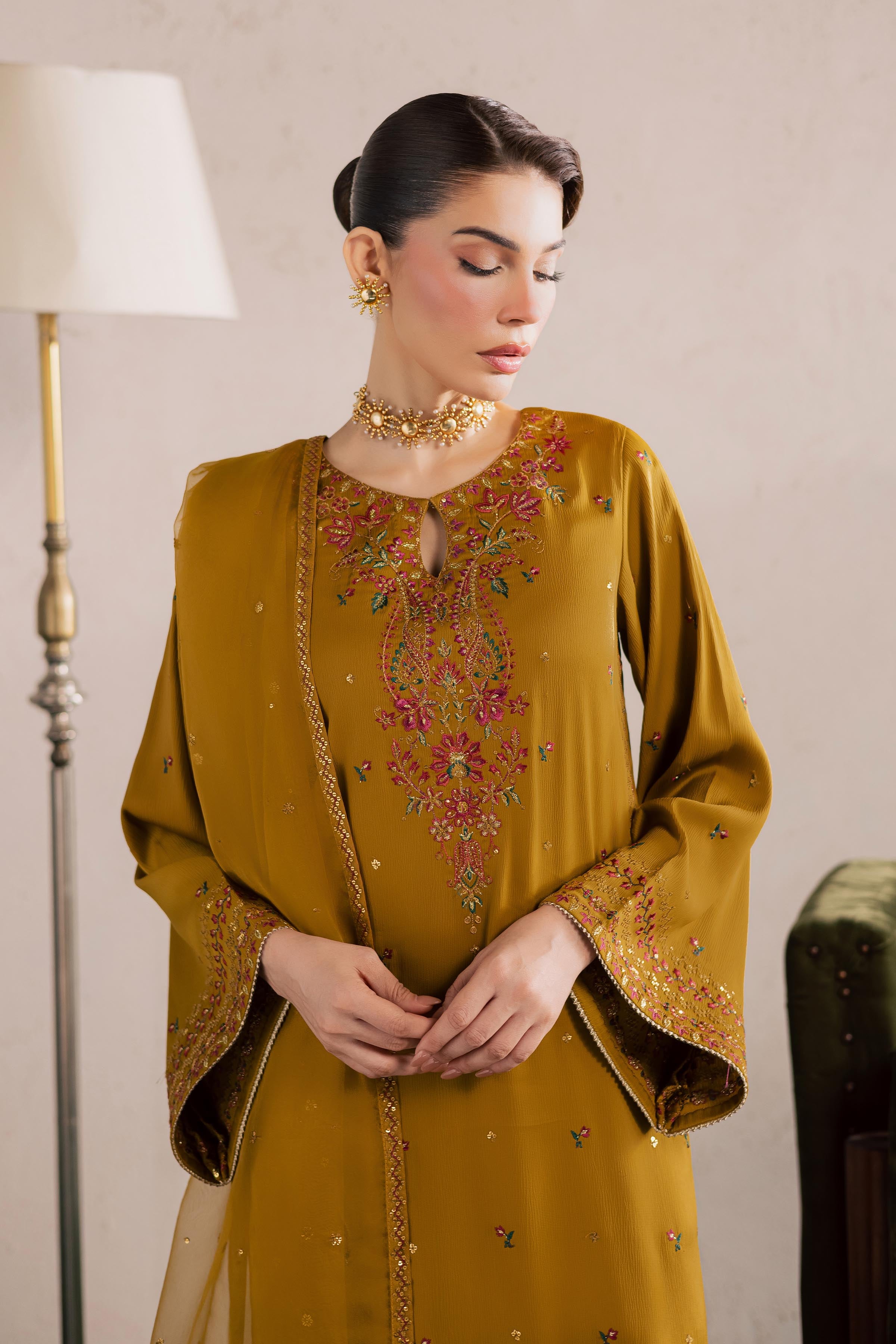  Hera 3Pc - Festive Luxury Formal BATIKEID2026  BATIK   S / Mehndi Green / Georgette-M / Mehndi Green / Georgette-L / Mehndi Green / Georgette
