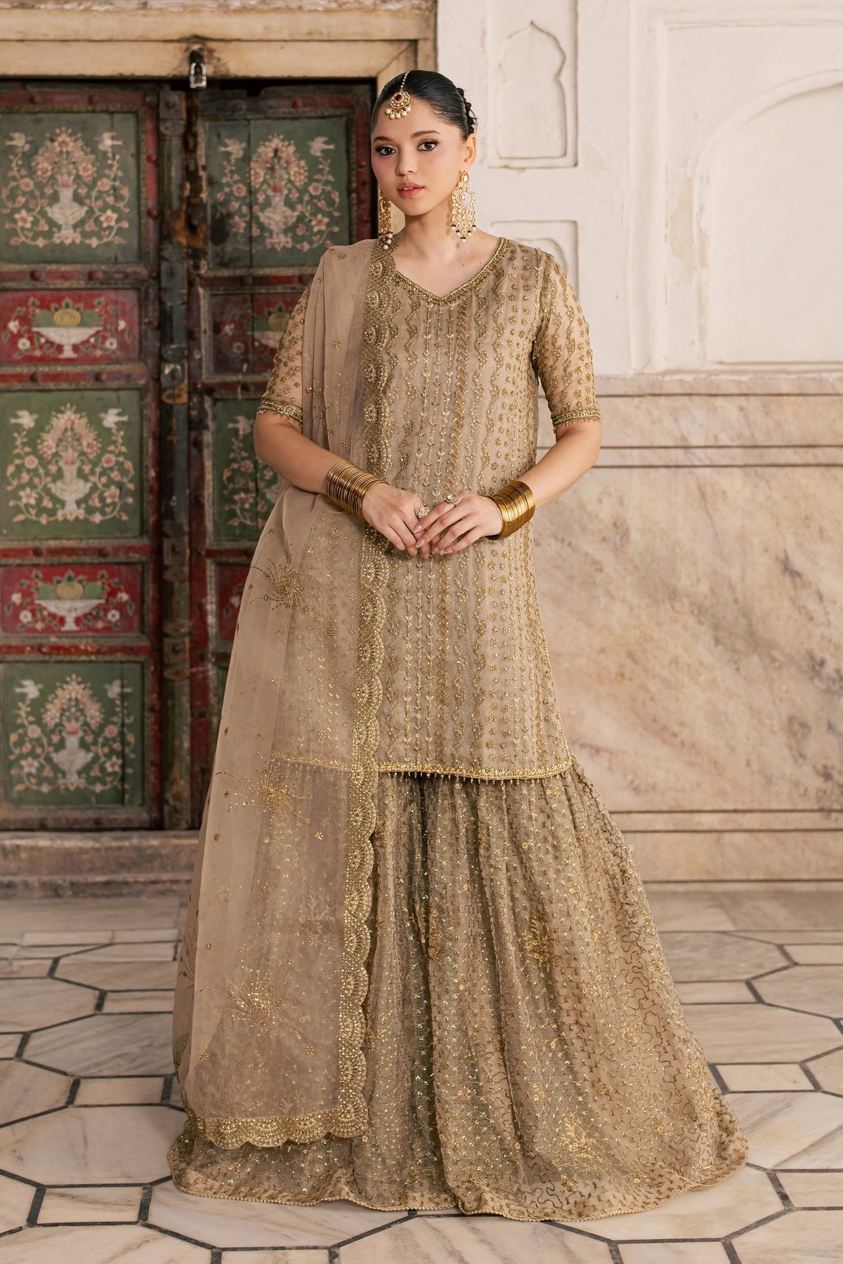 Husn Ara 3Pc - Wedding Formal Dress STUDIOLUXEOCT26  BATIK   S / Golden / Khaddi Messori Net