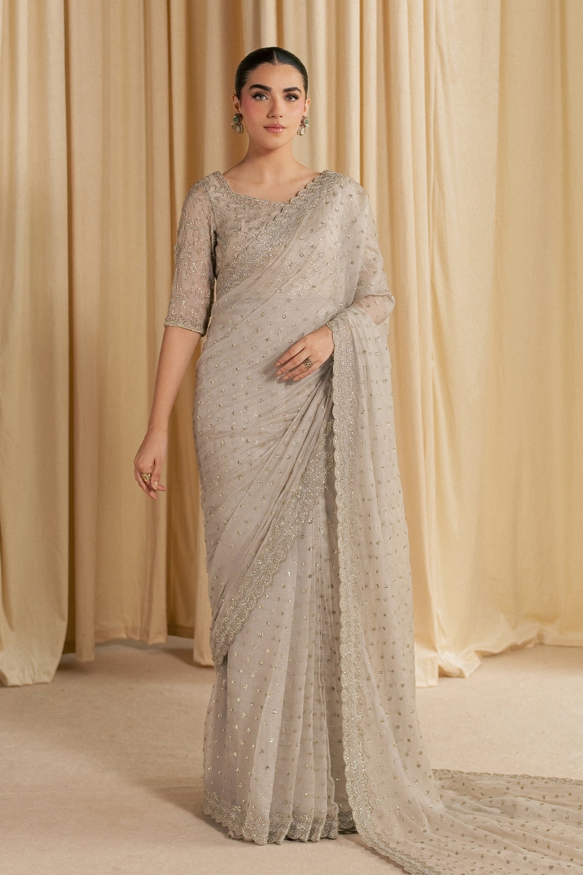 Khuwab Sarree 3Pc - Festive Luxe Pret STUDIOLUXEAUG26  BATIK   S / Ivory Gold / Tissue Silk