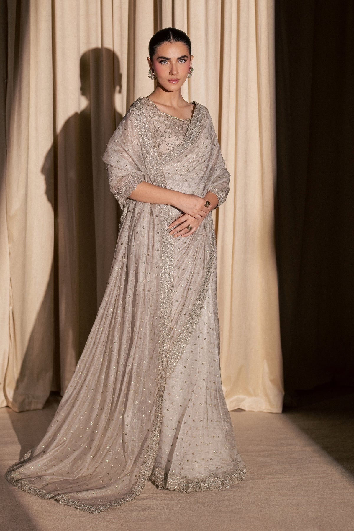 Khuwab Sarree 3Pc - Festive Luxe Pret STUDIOLUXEAUG26  BATIK   S / Ivory Gold / Tissue Silk