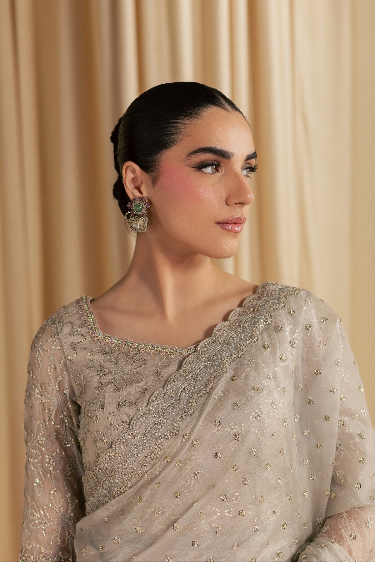 Khuwab Sarree 3Pc - Festive Luxe Pret STUDIOLUXEAUG26  BATIK   S / Ivory Gold / Tissue Silk