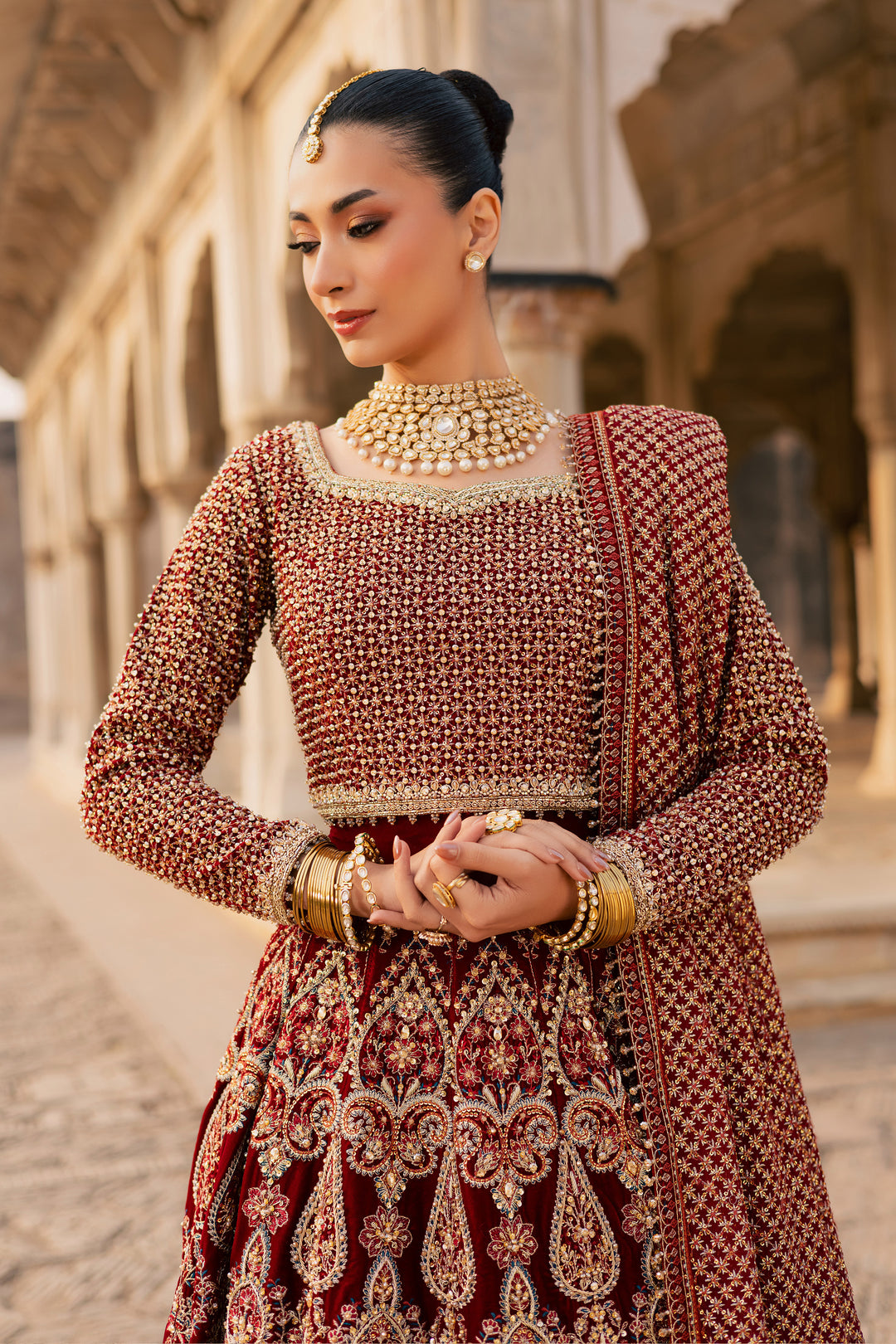  Laaj 3Pc - Bridal Dress BATIKSTUDIO2025  BATIK   S / Maroon / Velvet-M / Maroon / Velvet-L / Maroon / Velvet