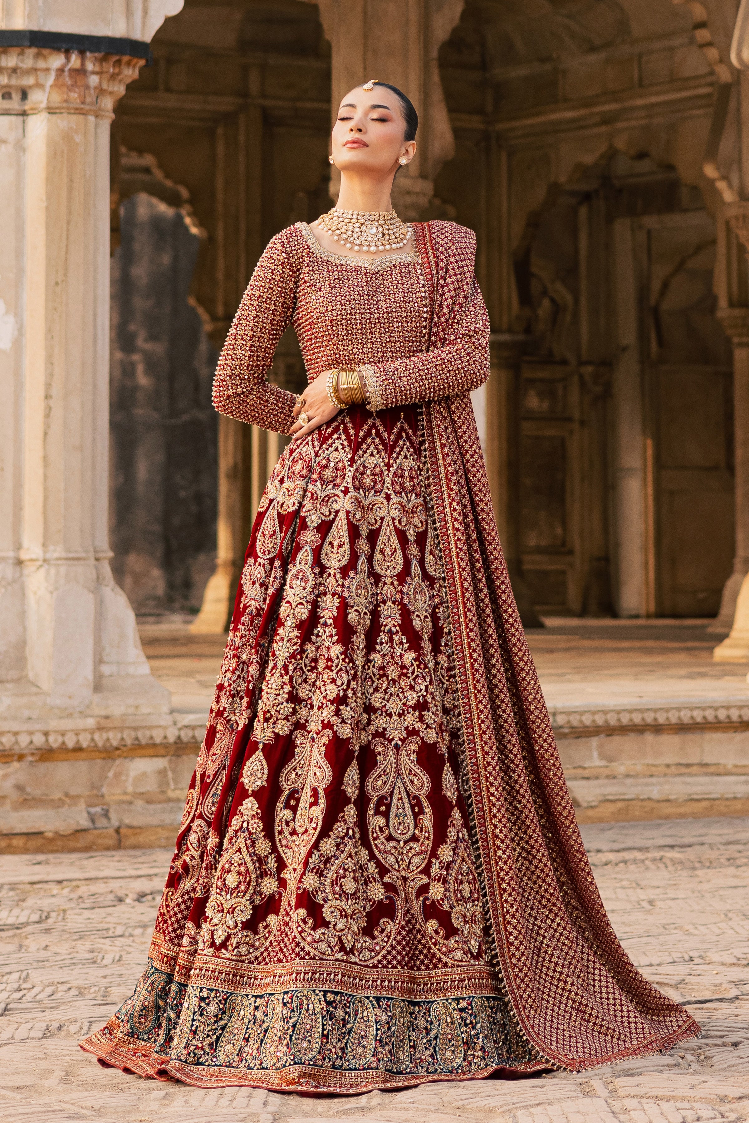  Laaj 3Pc - Bridal Dress BATIKSTUDIO2025  BATIK   S / Maroon / Velvet-M / Maroon / Velvet-L / Maroon / Velvet