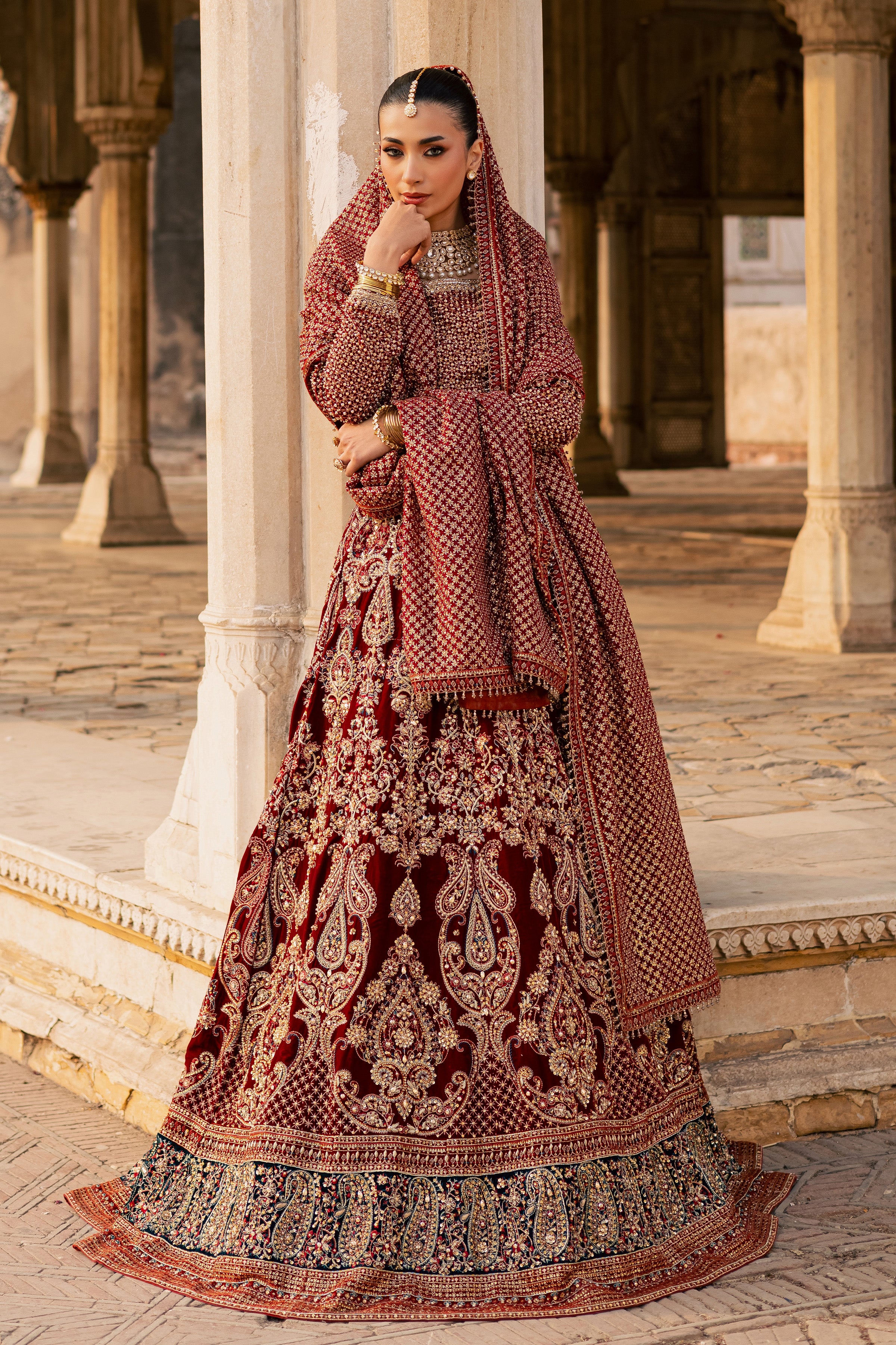  Laaj 3Pc - Bridal Dress BATIKSTUDIO2025  BATIK   S / Maroon / Velvet-M / Maroon / Velvet-L / Maroon / Velvet