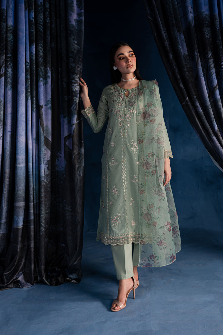 Mint Gold 3Pc - Embroidered Lawn Dress - BATIK