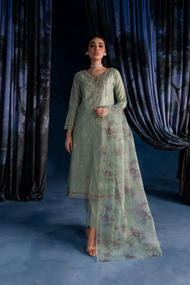 Mint Gold 3Pc - Embroidered Lawn Dress - BATIK