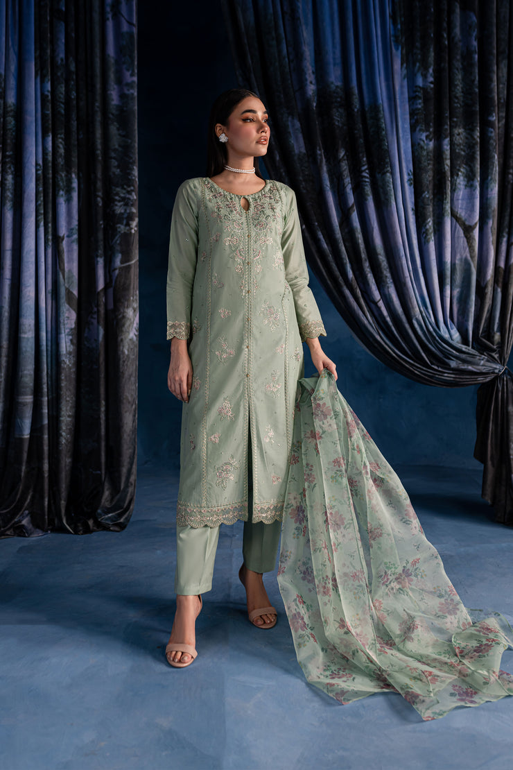 Mint Gold 3Pc - Embroidered Lawn Dress - BATIK