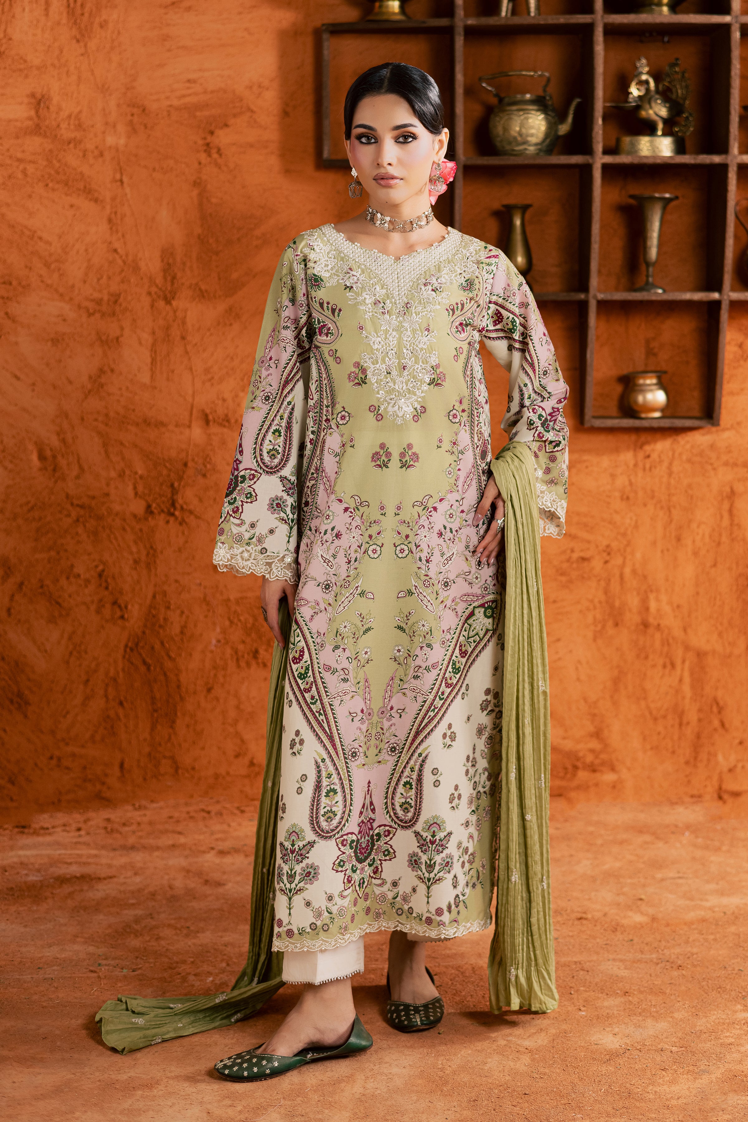 army green short dress Green & Orange Batik Layered Silk 2-in-1 Skirt Dress main image 1