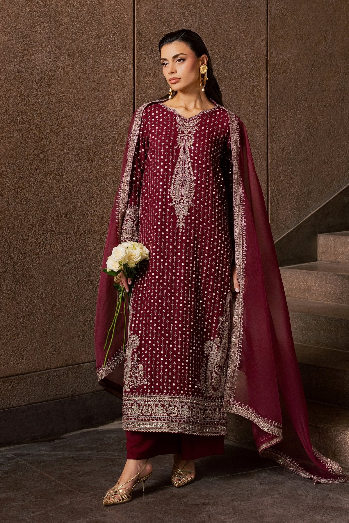 Maroon Raqs 3Pc - Festive Luxe Pret BATIKLUXESEP26  BATIK   XS / Maroon / Georgette