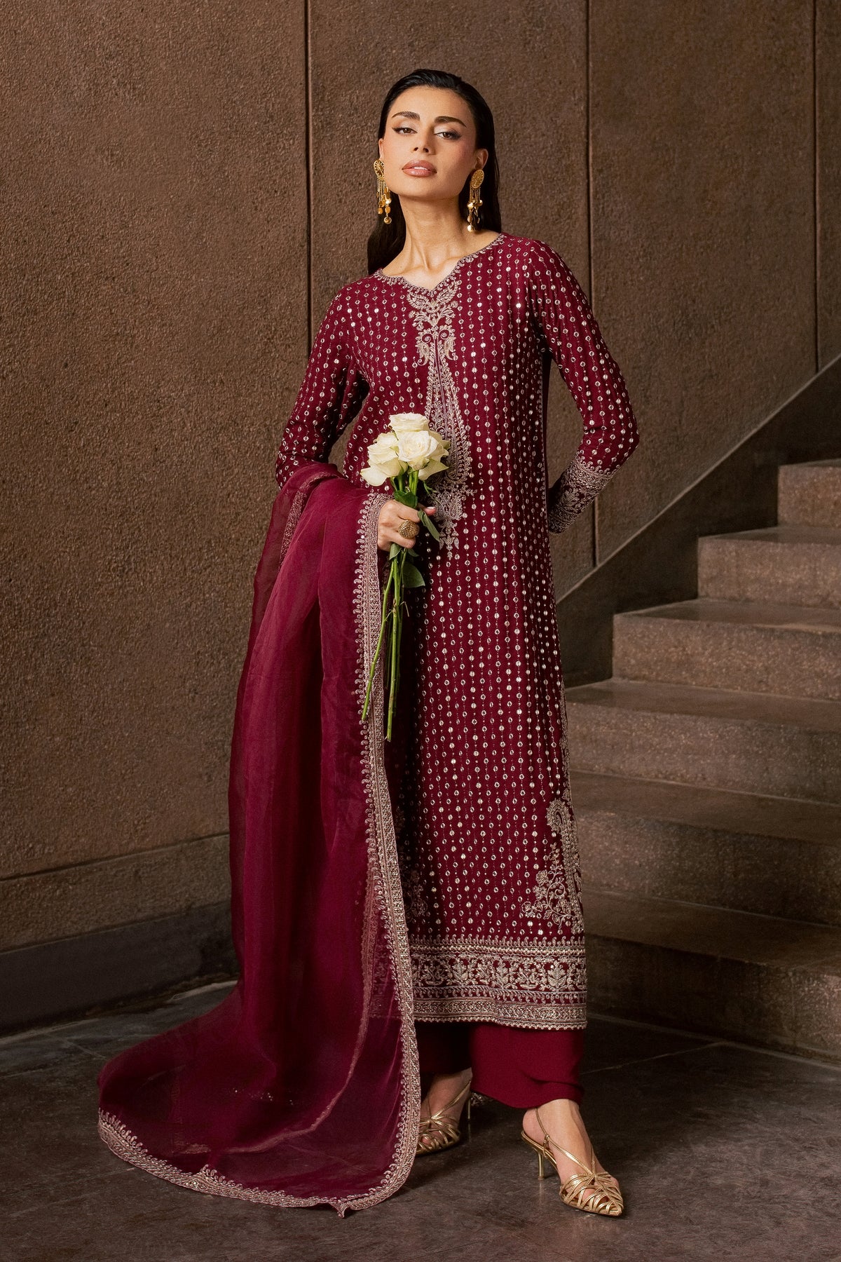 Maroon Raqs 3Pc - Festive Luxe Pret BATIKLUXESEP26  BATIK   XS / Maroon / Georgette