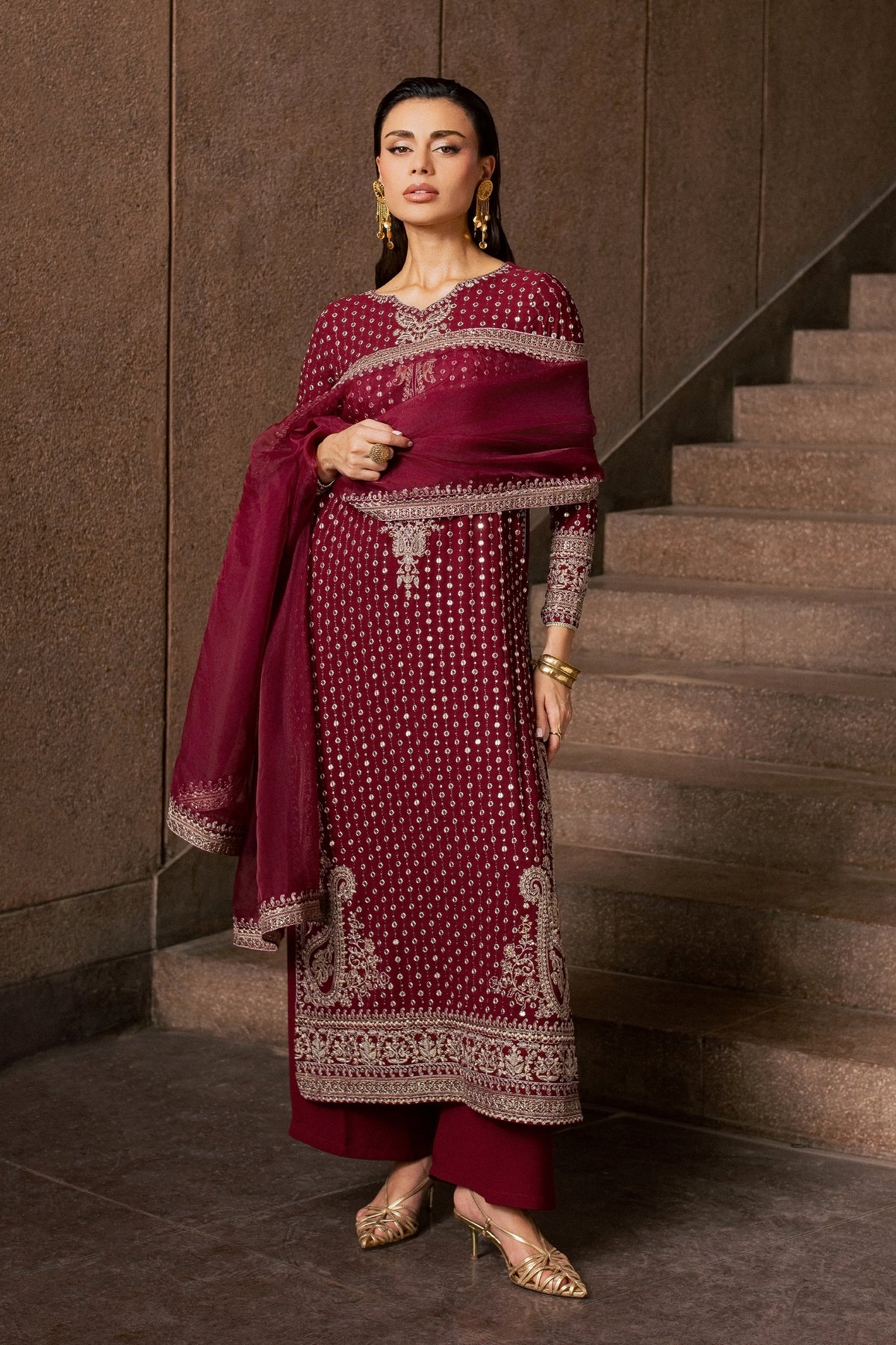 Maroon Raqs 3Pc - Festive Luxe Pret BATIKLUXESEP26  BATIK   XS / Maroon / Georgette