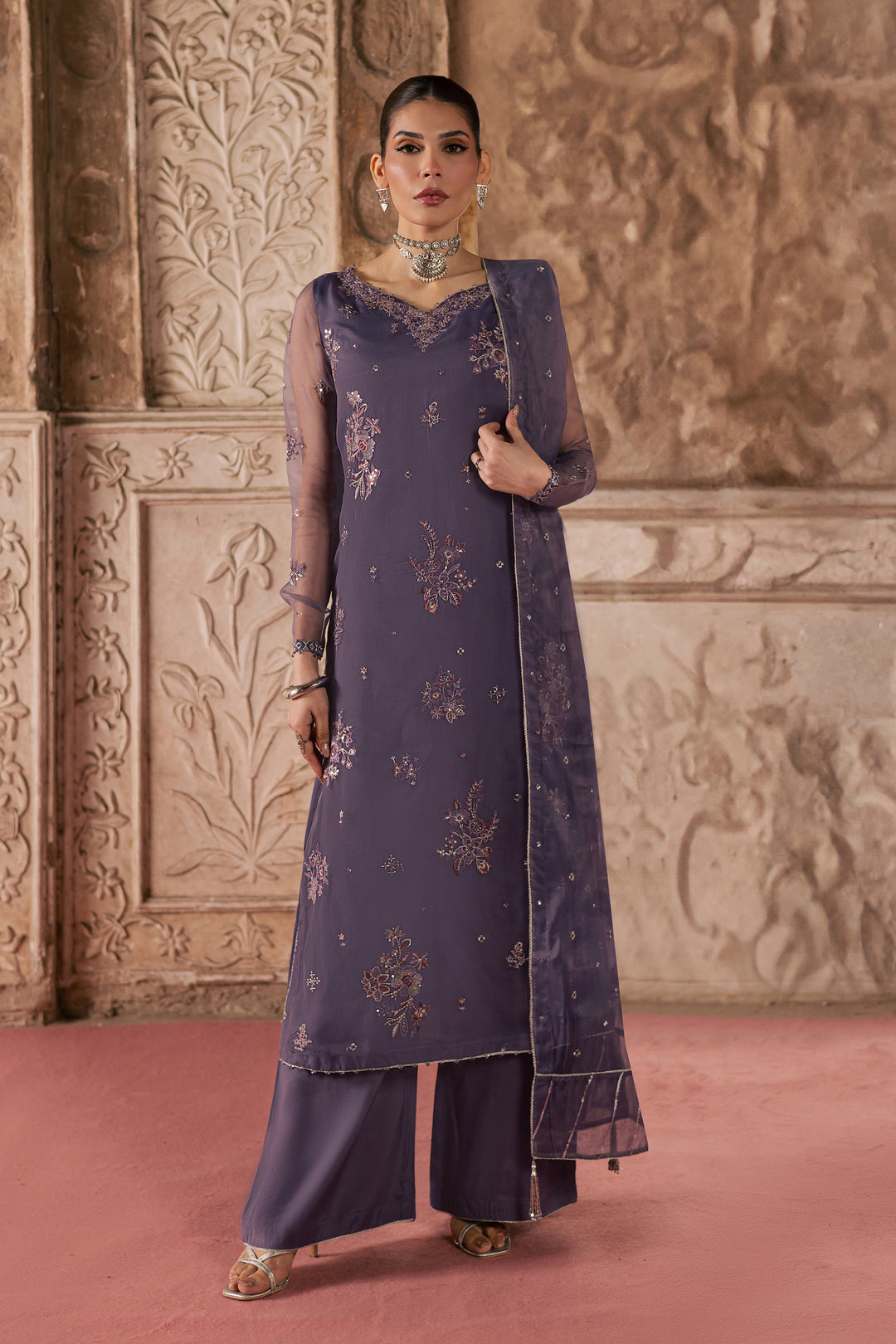  Meesha 3Pc - Festive Luxe Pret BATIKLuxePRET  BATIK   XS / Dusty Purple / Organza-S / Dusty Purple / Organza-M / Dusty Purple / Organza-L / Dusty Purple / Organza-XL / Dusty Purple / Organza