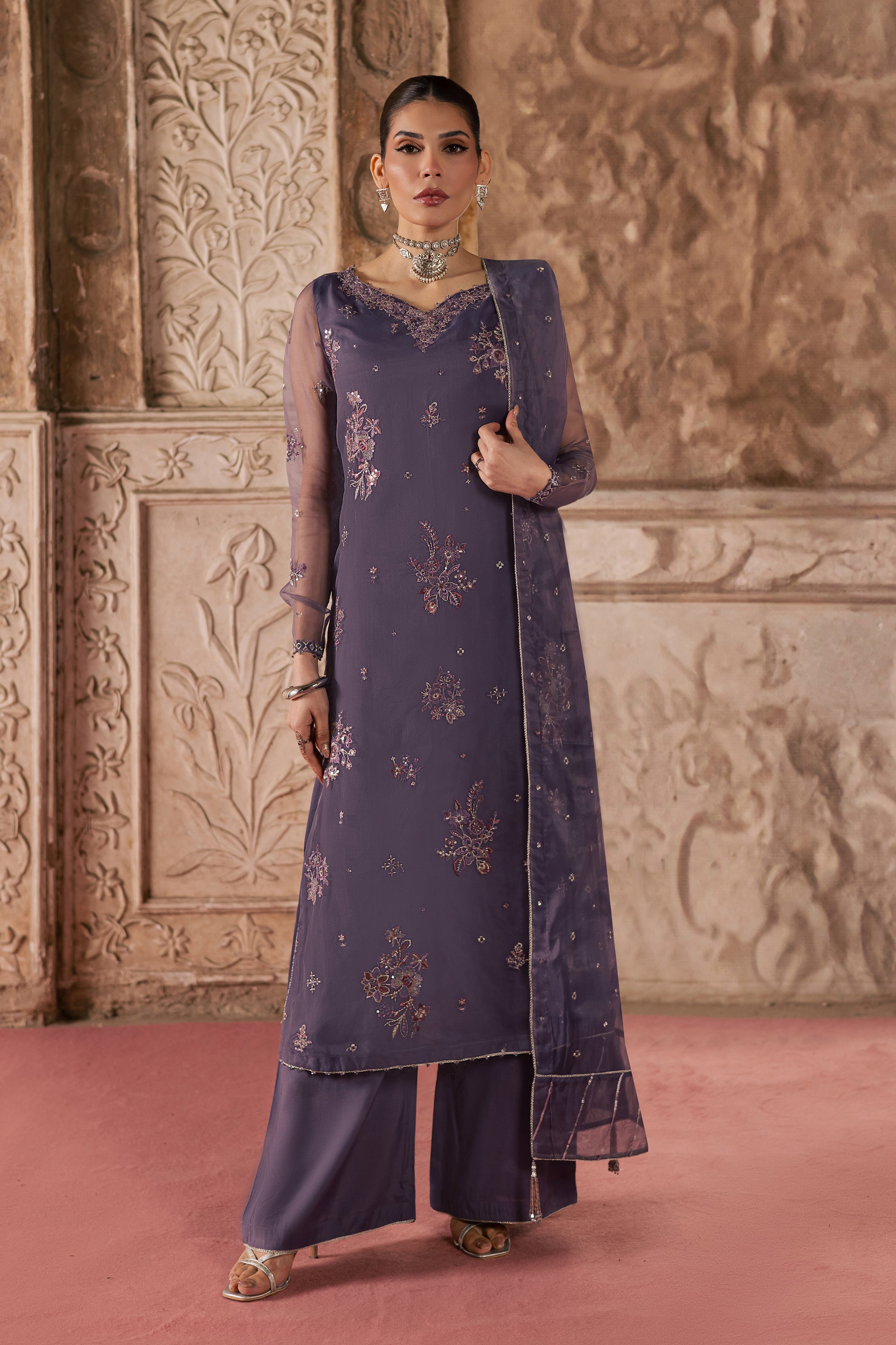  Meesha 3Pc - Festive Luxe Pret BATIKLuxePRET  BATIK   XS / Dusty Purple / Organza-S / Dusty Purple / Organza-M / Dusty Purple / Organza-L / Dusty Purple / Organza-XL / Dusty Purple / Organza