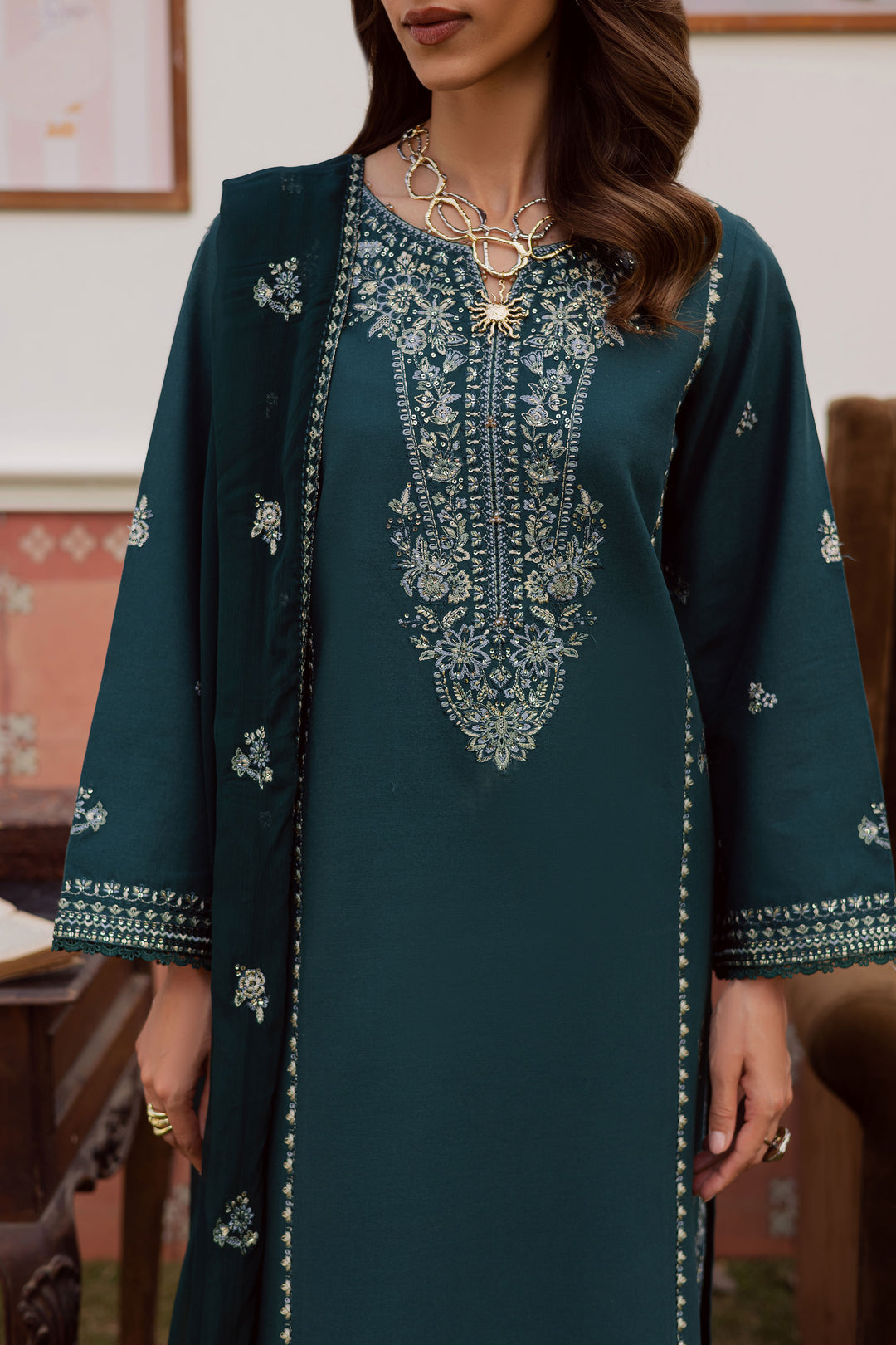  Minhal 3Pc - Embroidered Khaddar Dress BATIK WINTER PRET 2025  BATIK   XS / Teal / Khaddar-S / Teal / Khaddar-M / Teal / Khaddar-L / Teal / Khaddar-XL / Teal / Khaddar