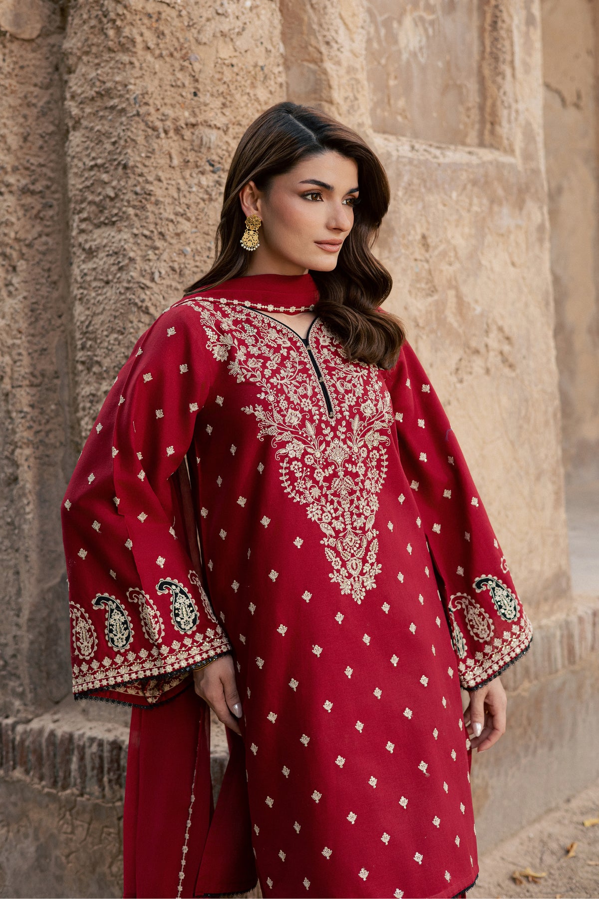 Nazaara 3Pc - Embroidered Khaddar Pret PRETKHADDAR2026  BATIK   XS / Rhythmic Red / Khaddar