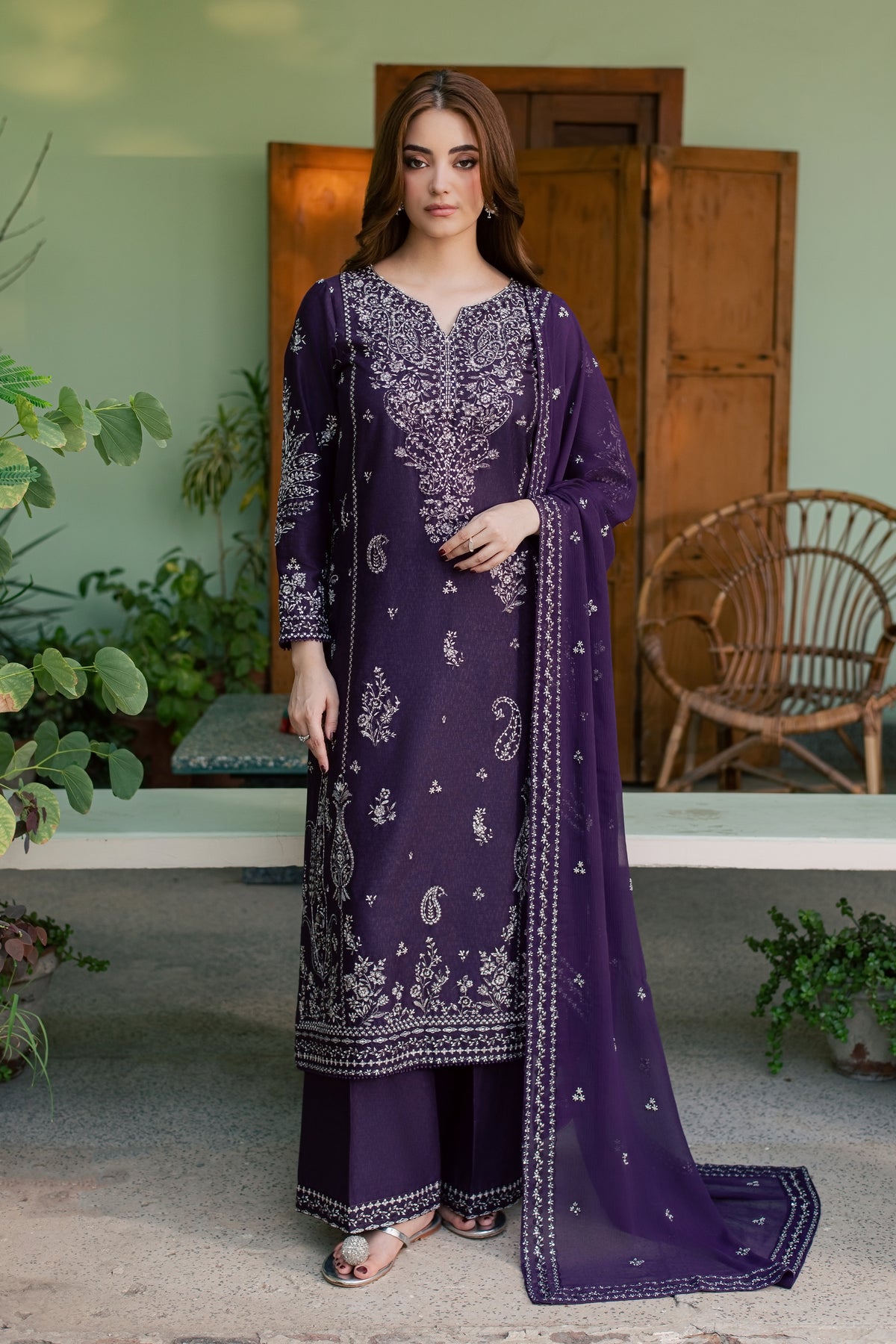 Neena 3Pc - Embroidered Karandi Pret PRETKARANDI2026  BATIK   XS / Eggplant / Karandi
