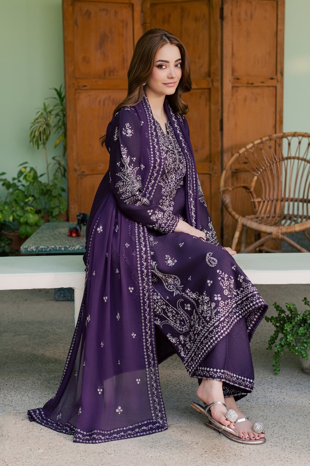 Neena 3Pc - Embroidered Karandi Pret PRETKARANDI2026  BATIK   XS / Eggplant / Karandi